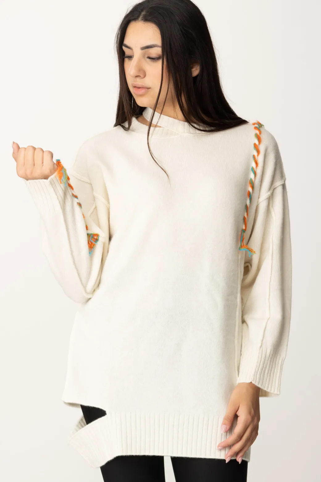Donna Akep Maxi Maglia con Cut-out e Cuciture Colorate