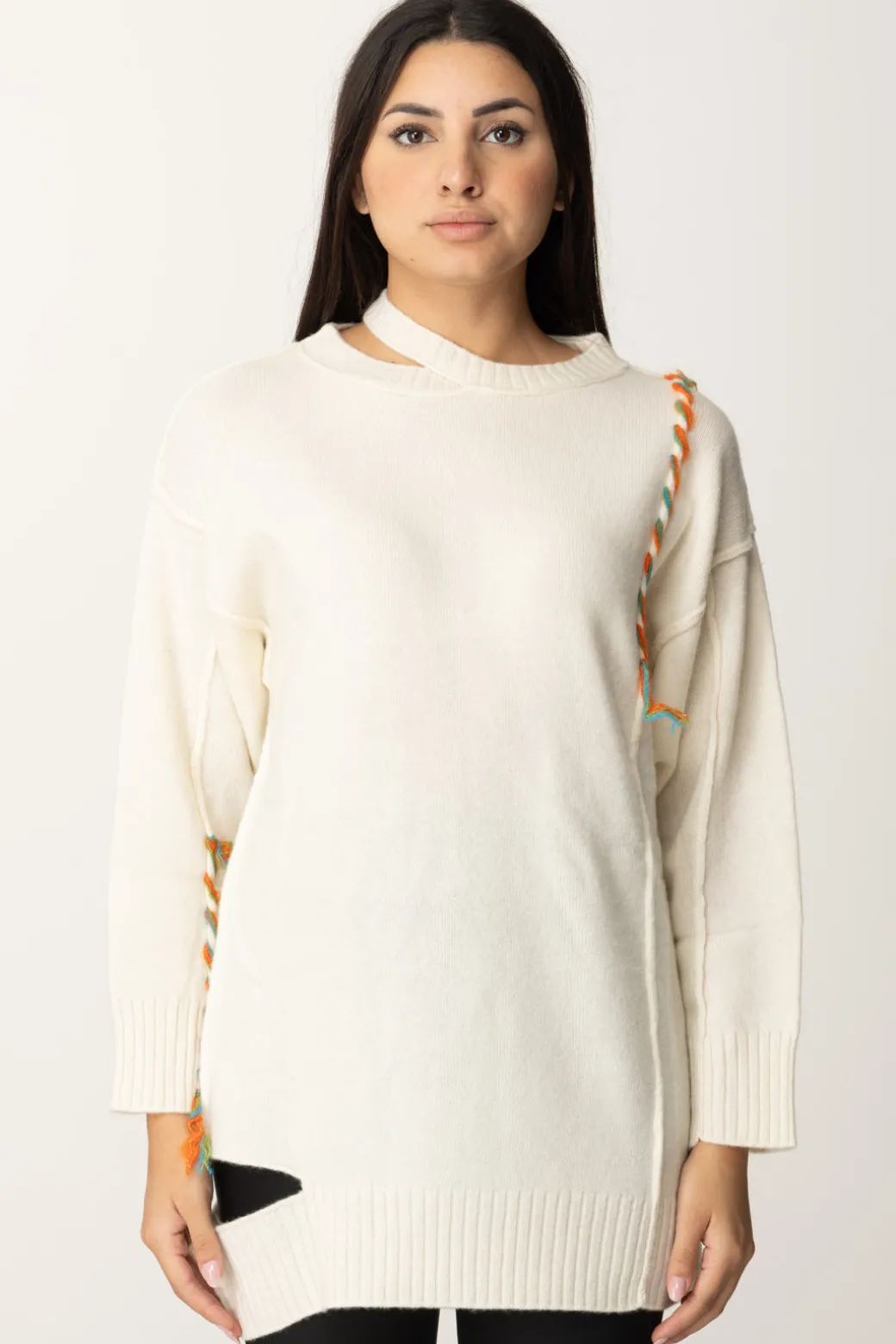 Donna Akep Maxi Maglia con Cut-out e Cuciture Colorate