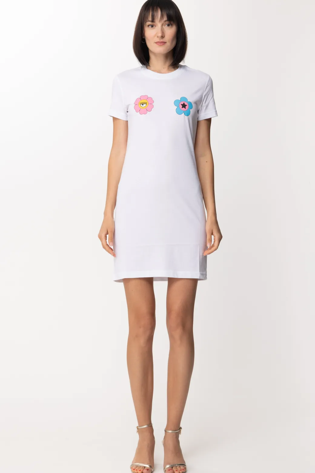 Donna Chiara Ferragni Abito T-shirt Mini con Fiori Sul Petto