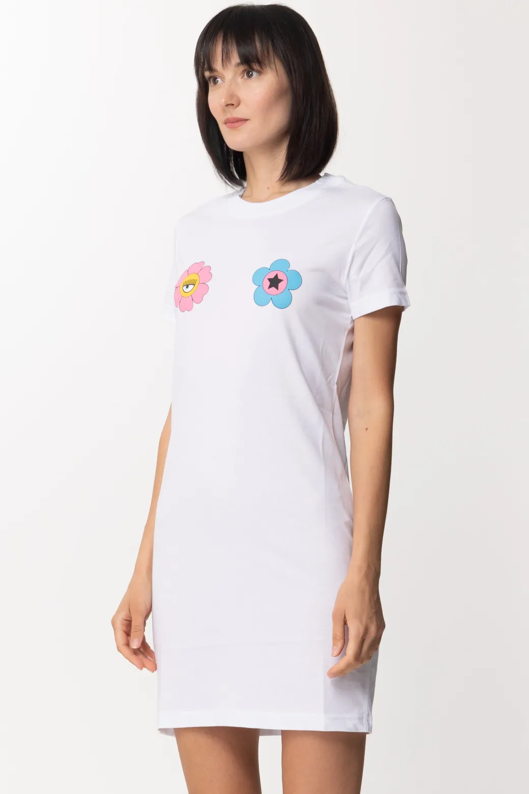 Donna Chiara Ferragni Abito T-shirt Mini con Fiori Sul Petto