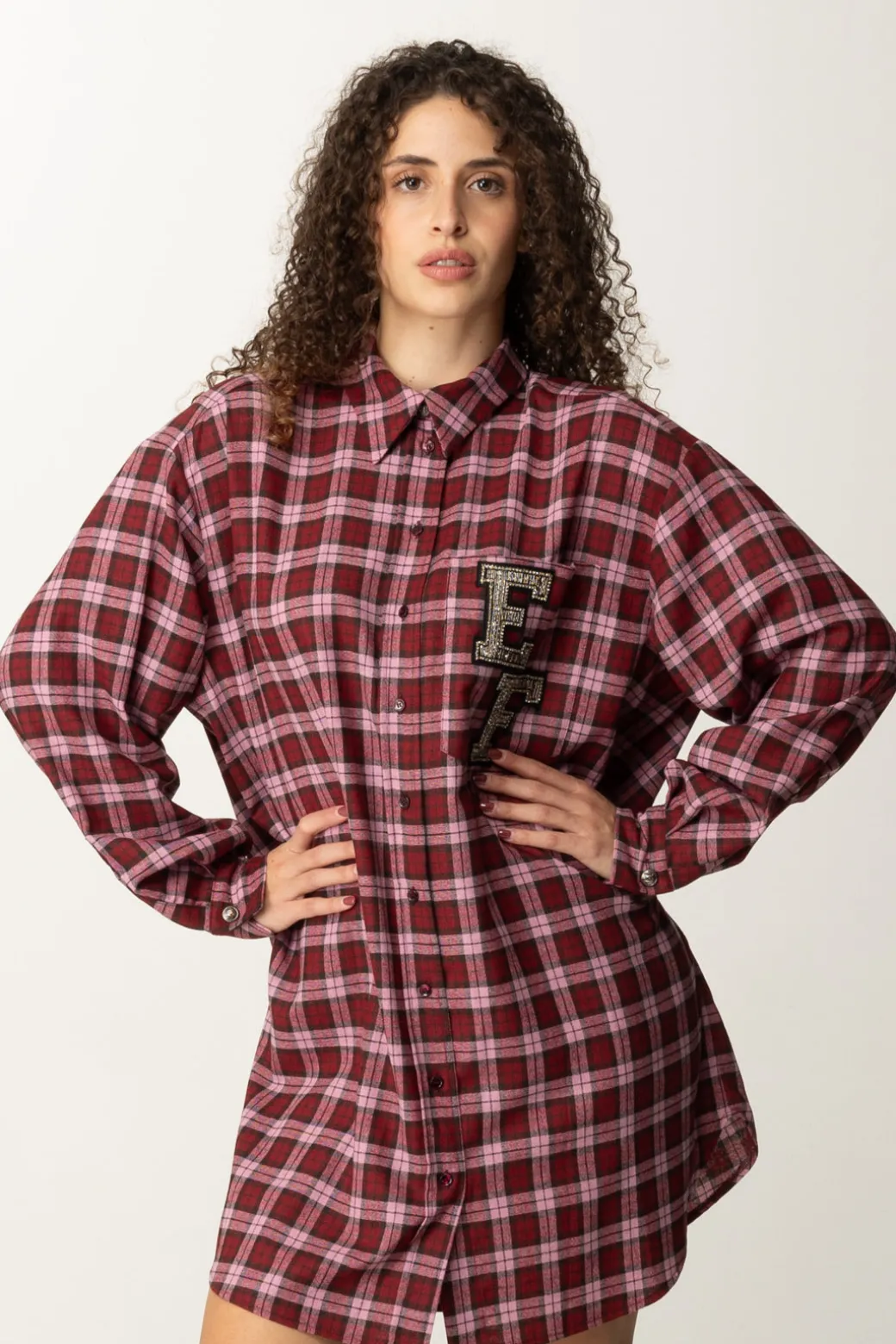 Donna Elisabetta Franchi Abito Camicia In Lana Tartan con Patch Ricamato