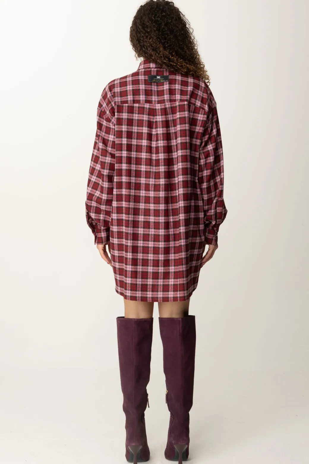 Donna Elisabetta Franchi Abito Camicia In Lana Tartan con Patch Ricamato