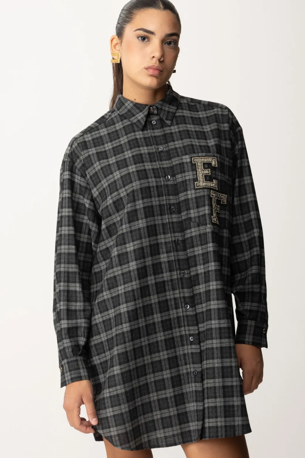 Donna Elisabetta Franchi Abito Camicia In Lana Tartan con Patch Ricamato