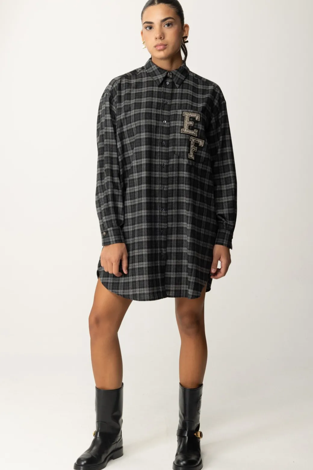 Donna Elisabetta Franchi Abito Camicia In Lana Tartan con Patch Ricamato