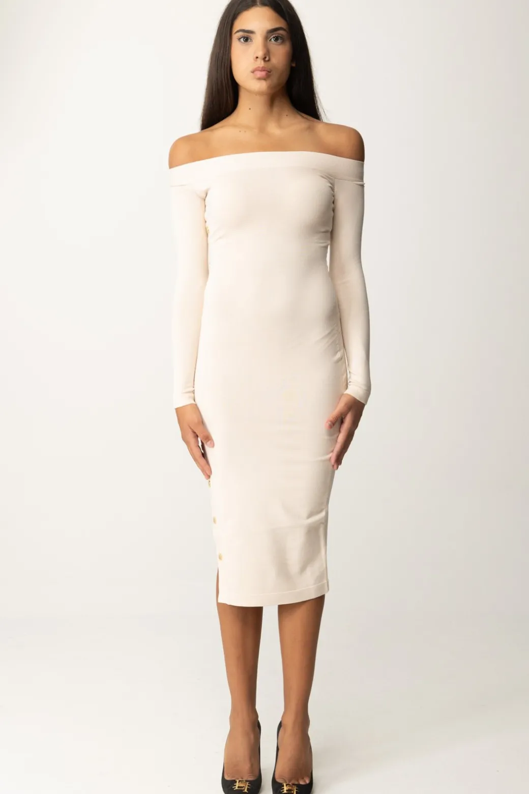 Donna Elisabetta Franchi Abito In Maglia Off-shoulder con Bottoncini