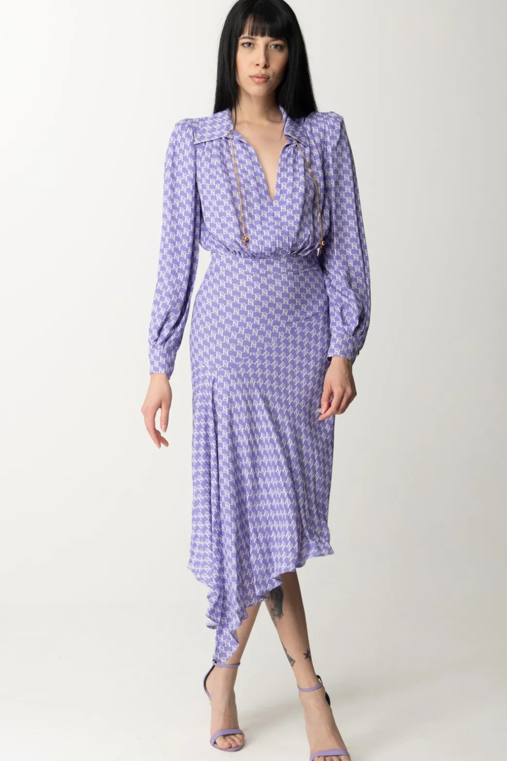 Donna Elisabetta Franchi Abito Midi Asimmetrico Stampa Logo