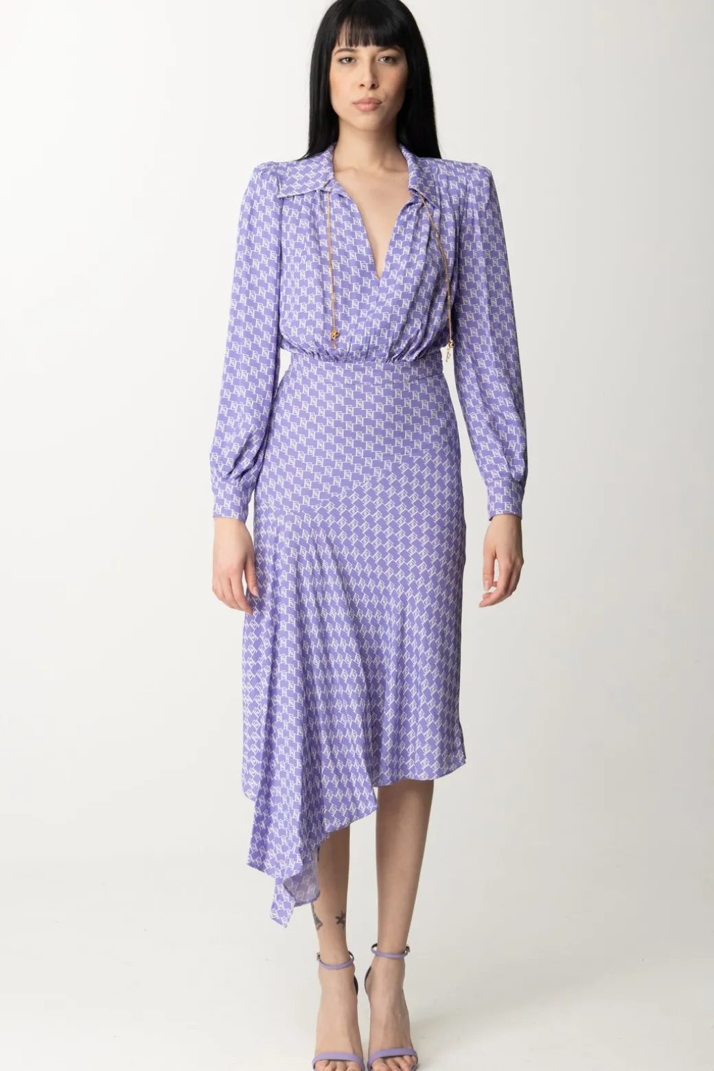 Donna Elisabetta Franchi Abito Midi Asimmetrico Stampa Logo