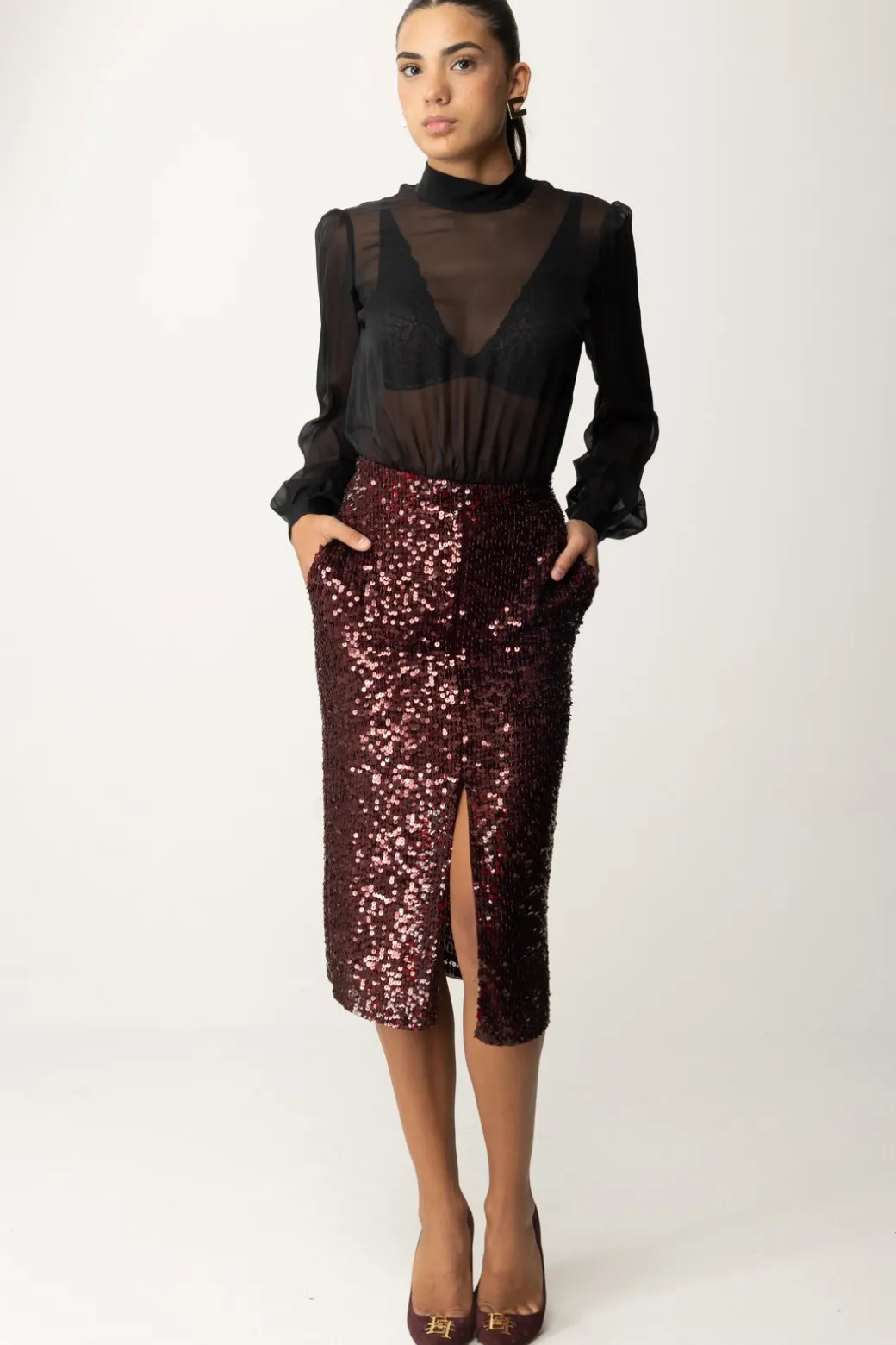 Donna Elisabetta Franchi Abito Midi In Georgette Di Seta Ricamata con Paillettes