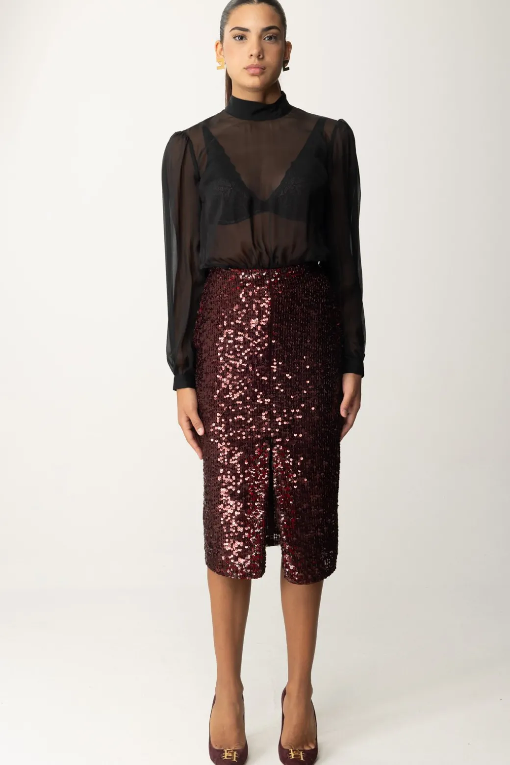 Donna Elisabetta Franchi Abito Midi In Georgette Di Seta Ricamata con Paillettes