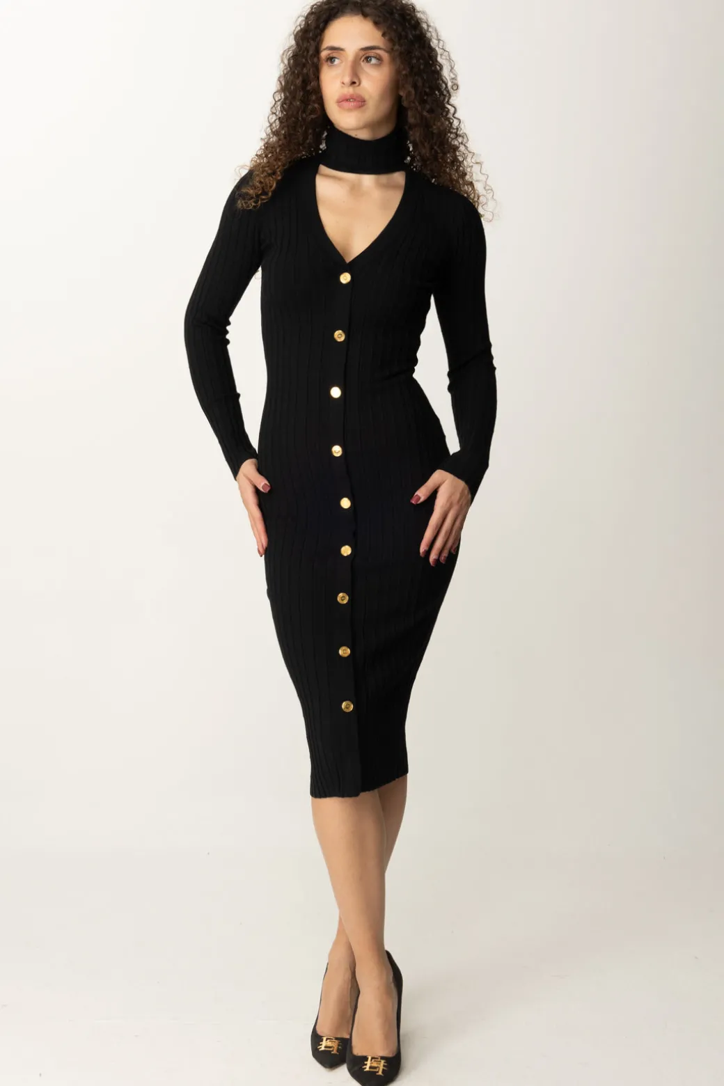 Donna Elisabetta Franchi Abito Midi In Maglia con Collo Alto e Cut-out