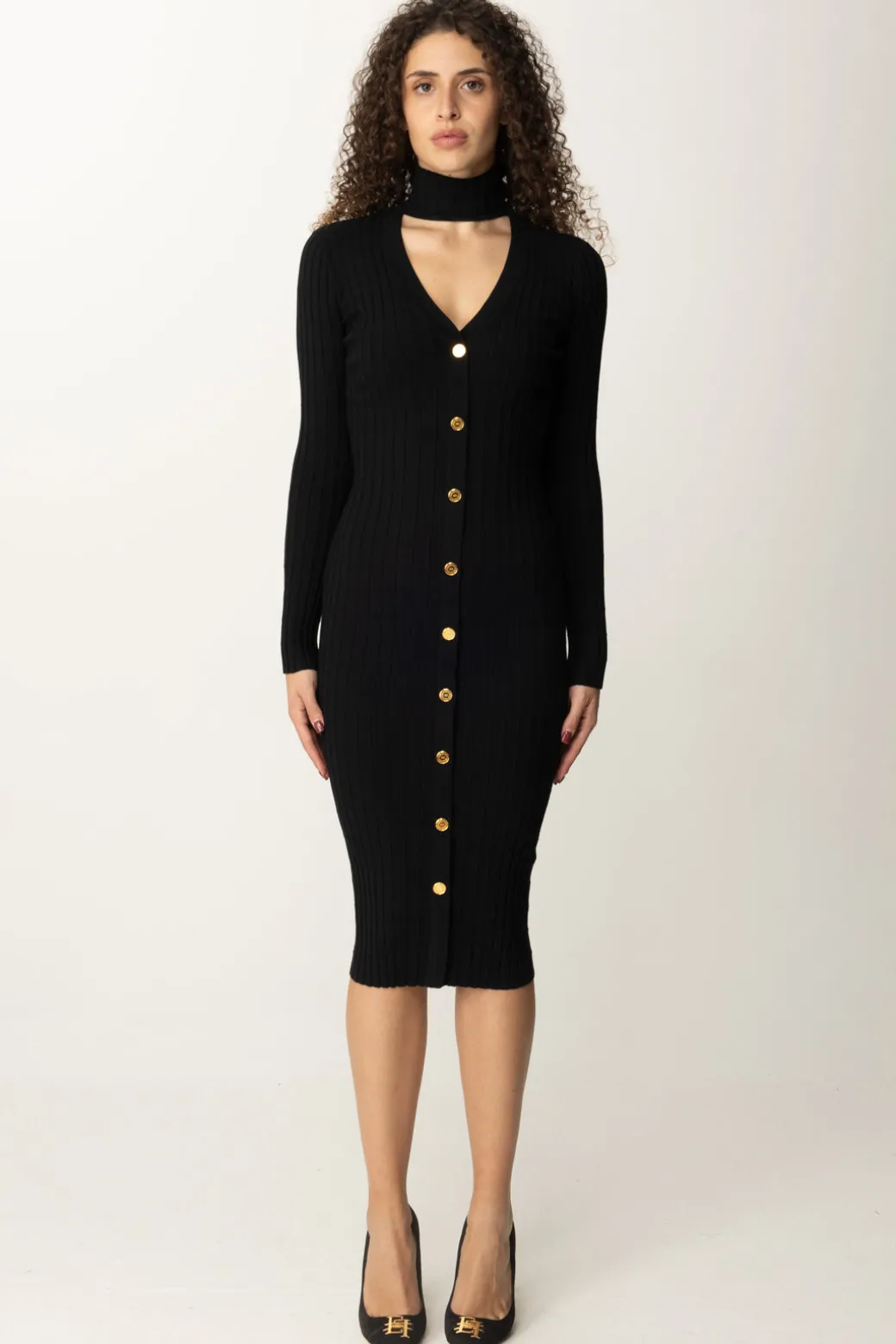 Donna Elisabetta Franchi Abito Midi In Maglia con Collo Alto e Cut-out