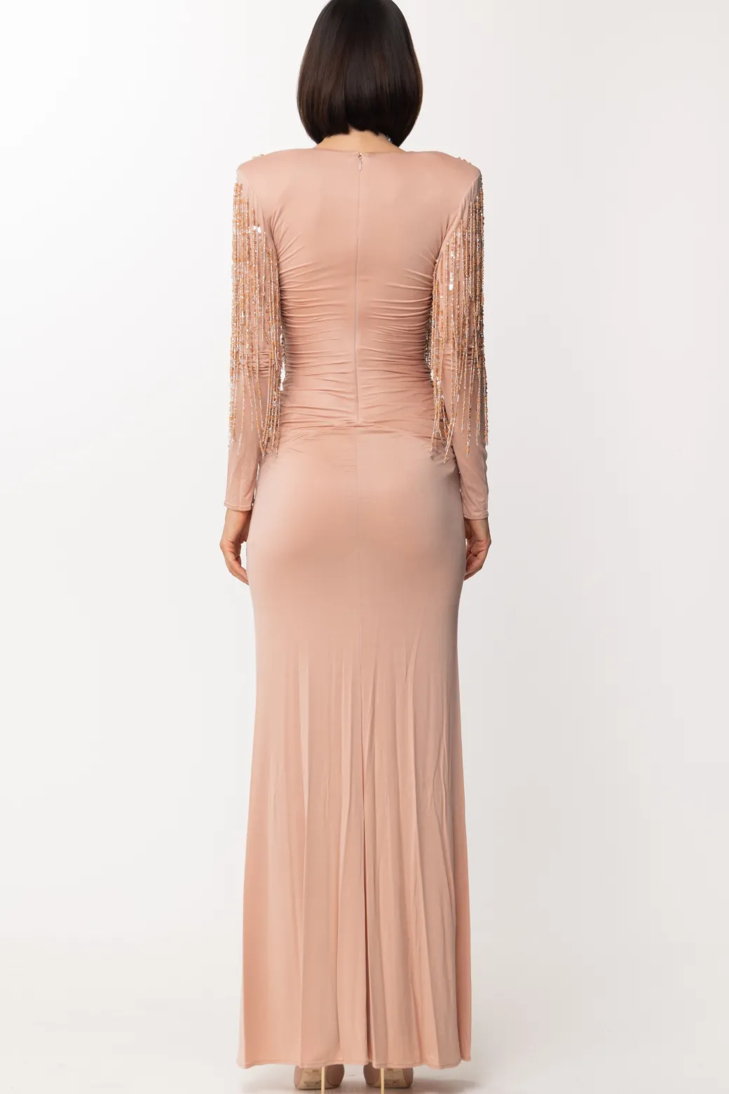 Donna Elisabetta Franchi Abito Red Carpet con Frange Sulle Spalle