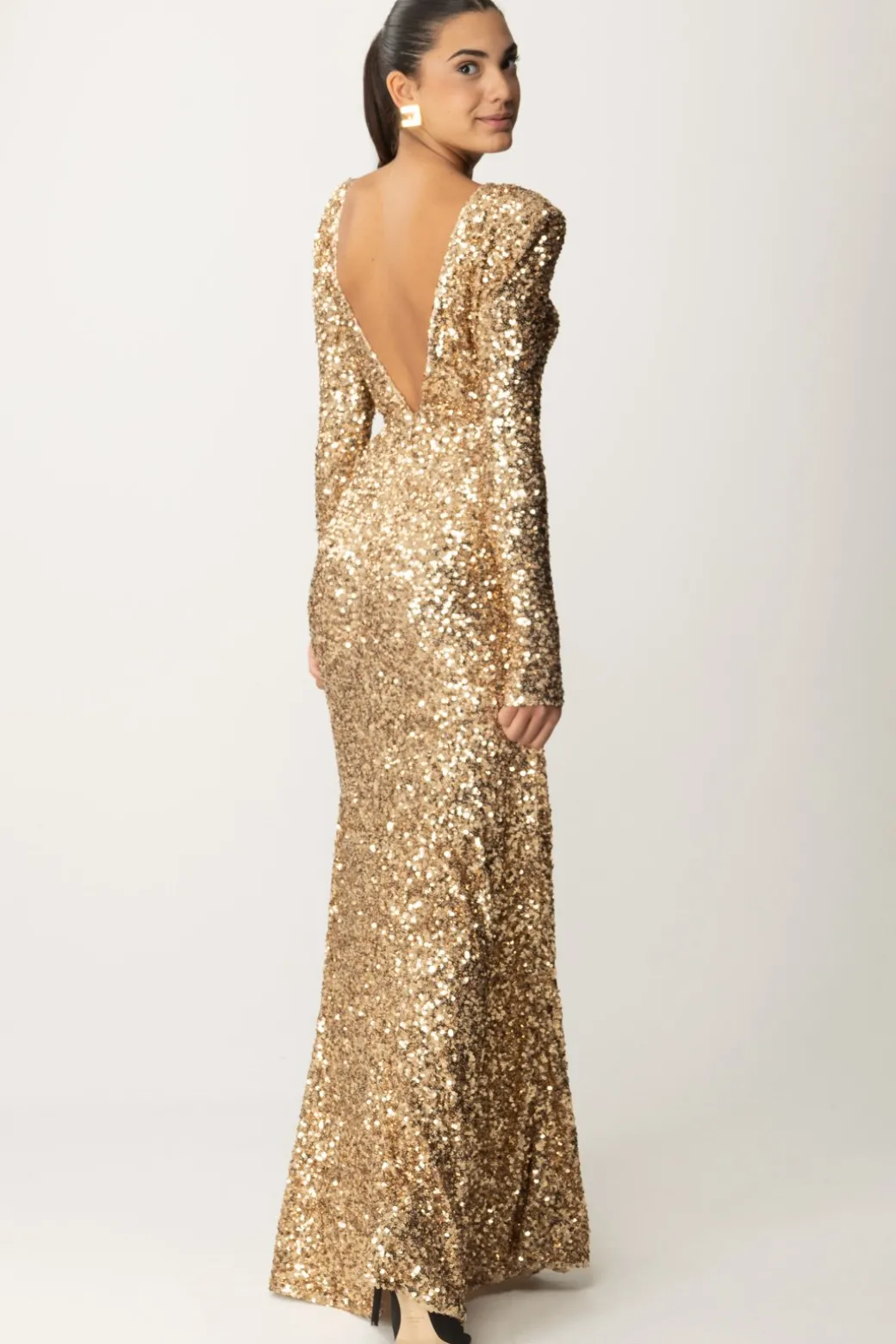 Donna Elisabetta Franchi Abito Red Carpet In Paillettes con Catena e Strass
