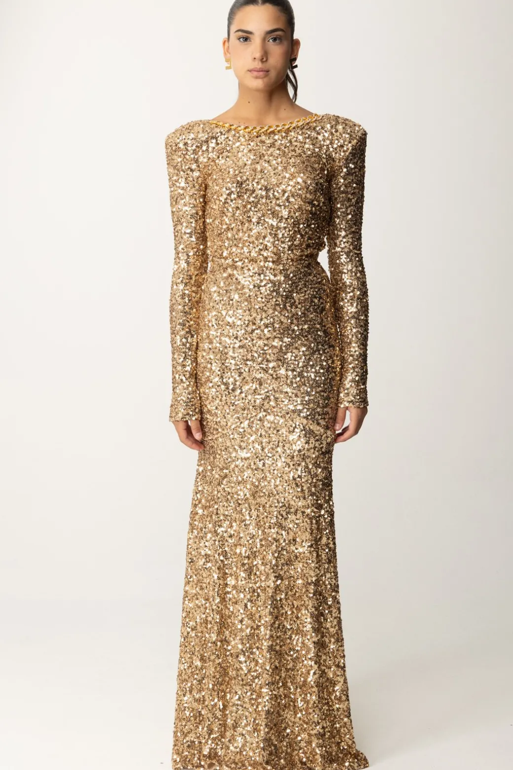 Donna Elisabetta Franchi Abito Red Carpet In Paillettes con Catena e Strass