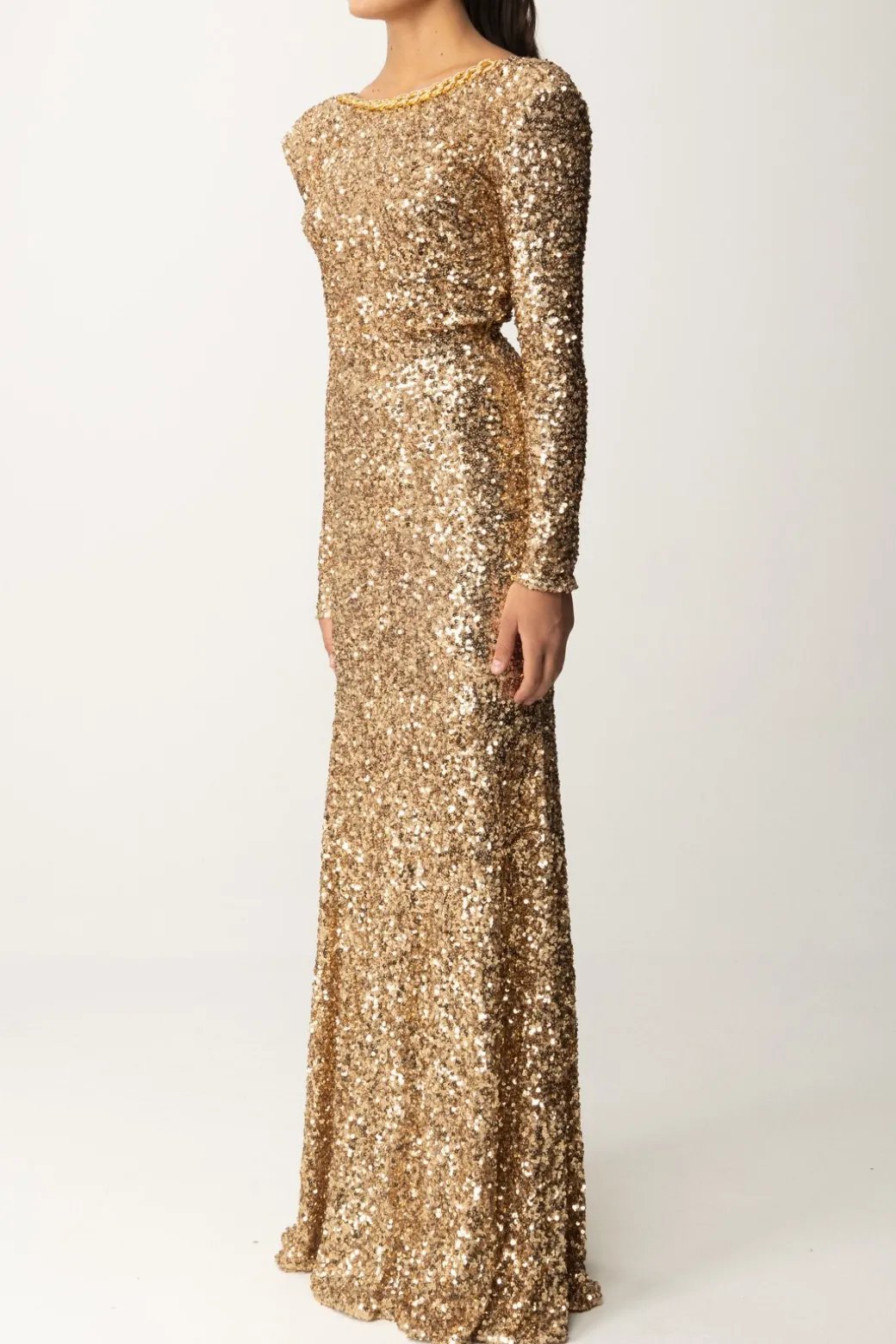 Donna Elisabetta Franchi Abito Red Carpet In Paillettes con Catena e Strass