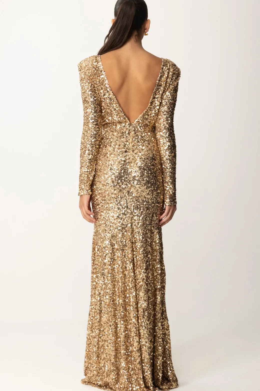 Donna Elisabetta Franchi Abito Red Carpet In Paillettes con Catena e Strass