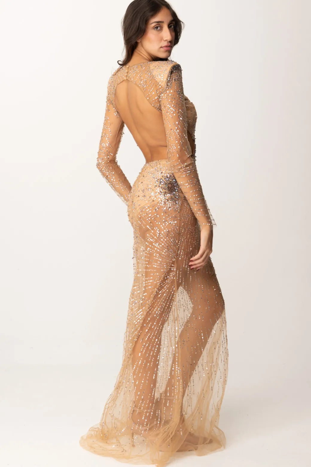 Donna Elisabetta Franchi Abito Red Carpet In Tulle Ricamato con Cut-out
