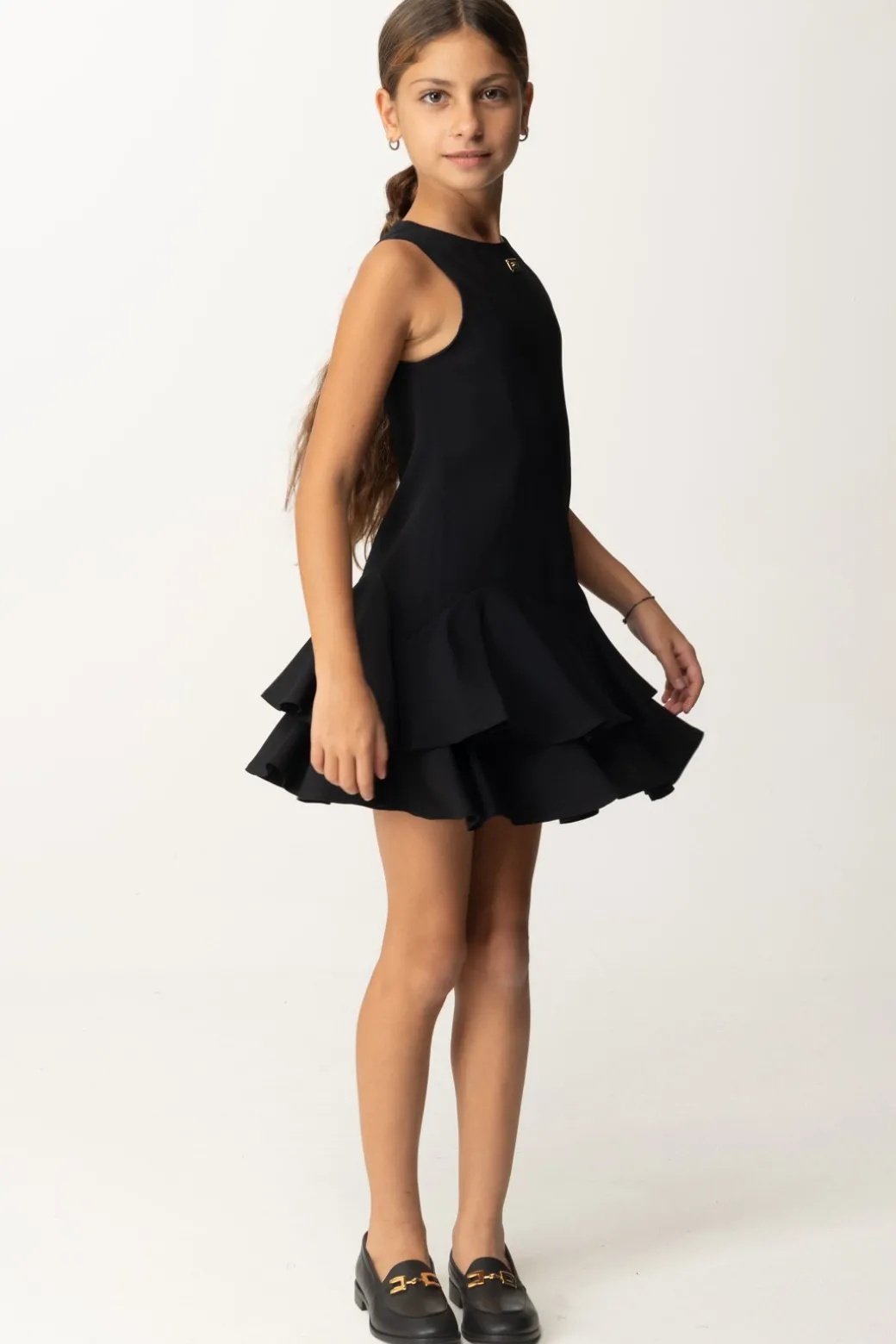 Elisabetta Franchi Bambina Abito In Crepe con Balze e Placchetta Logo