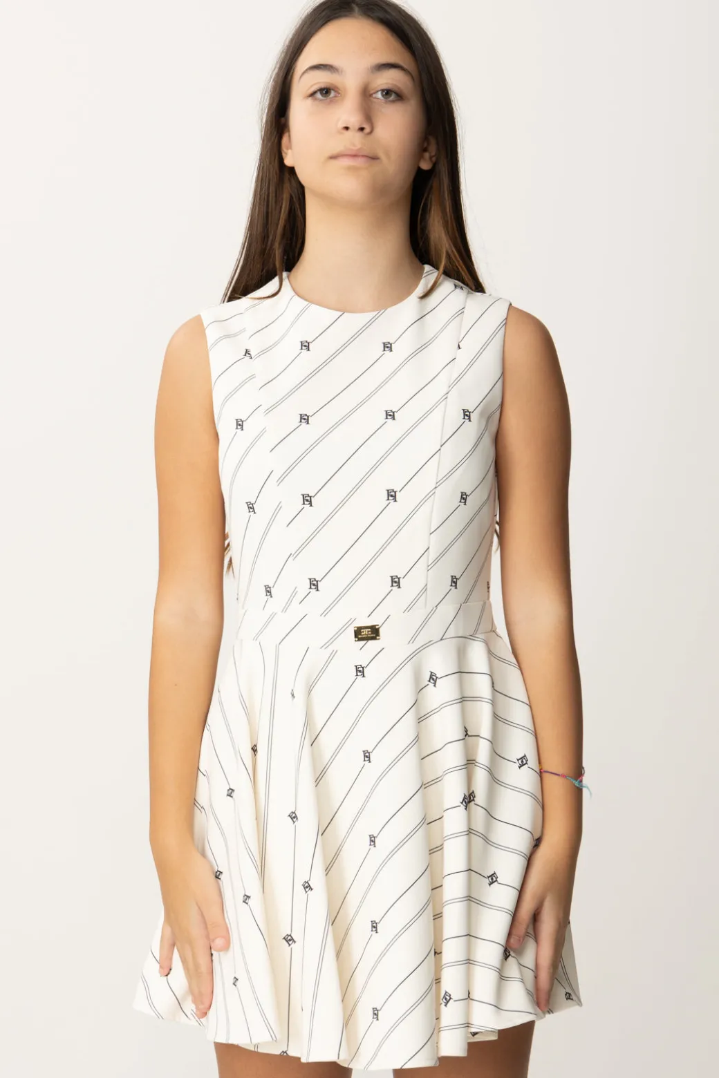 Elisabetta Franchi Bambina Abito Smanicato In Crepe con Stampa Righe