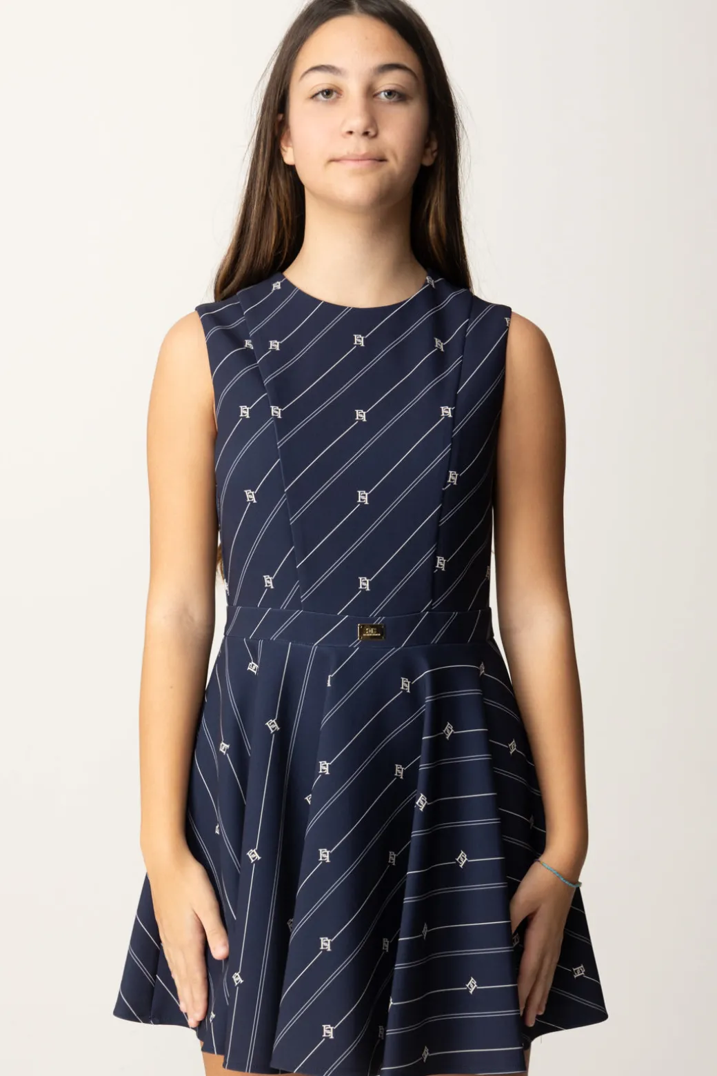 Elisabetta Franchi Bambina Abito Smanicato In Crepe con Stampa Righe