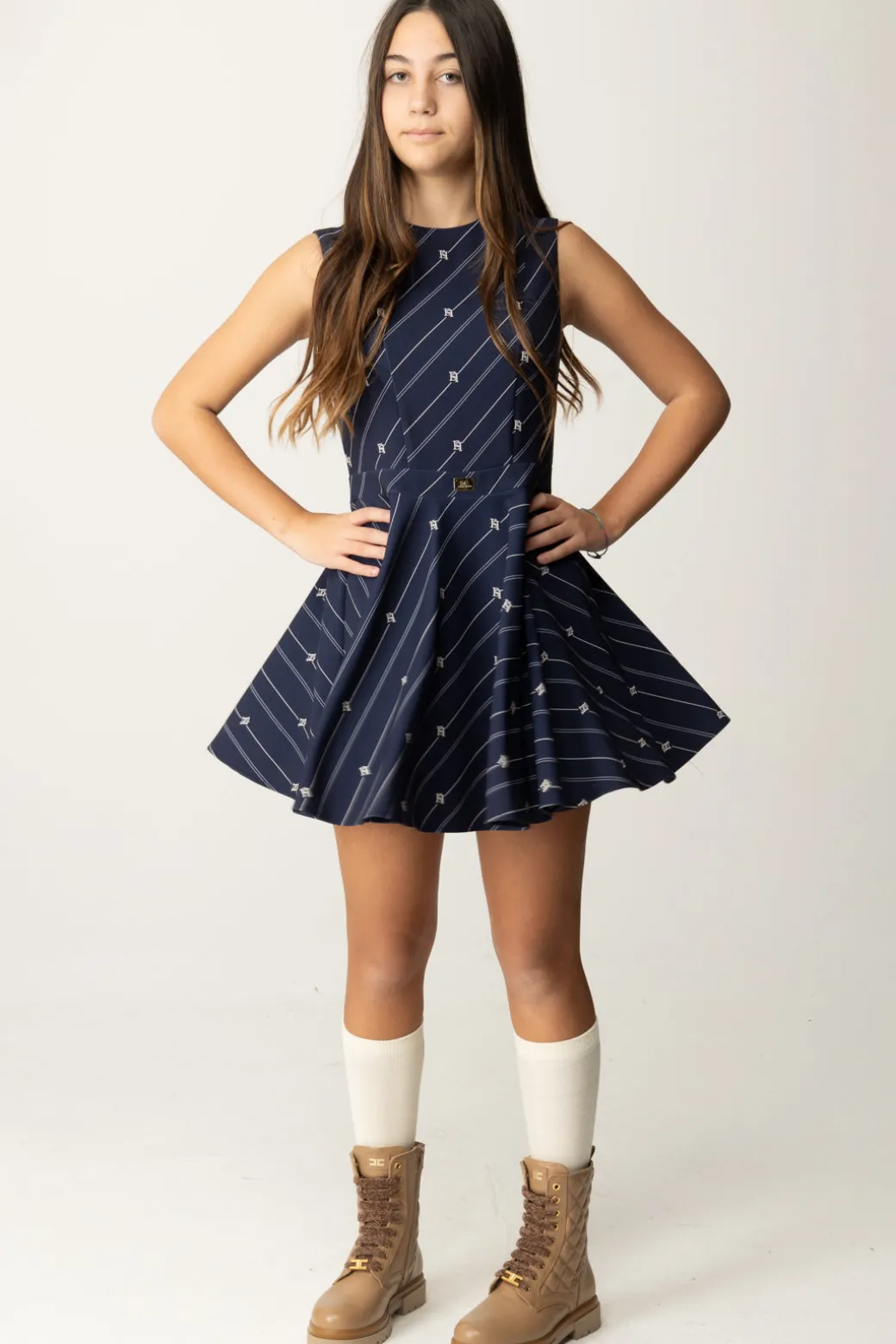 Elisabetta Franchi Bambina Abito Smanicato In Crepe con Stampa Righe