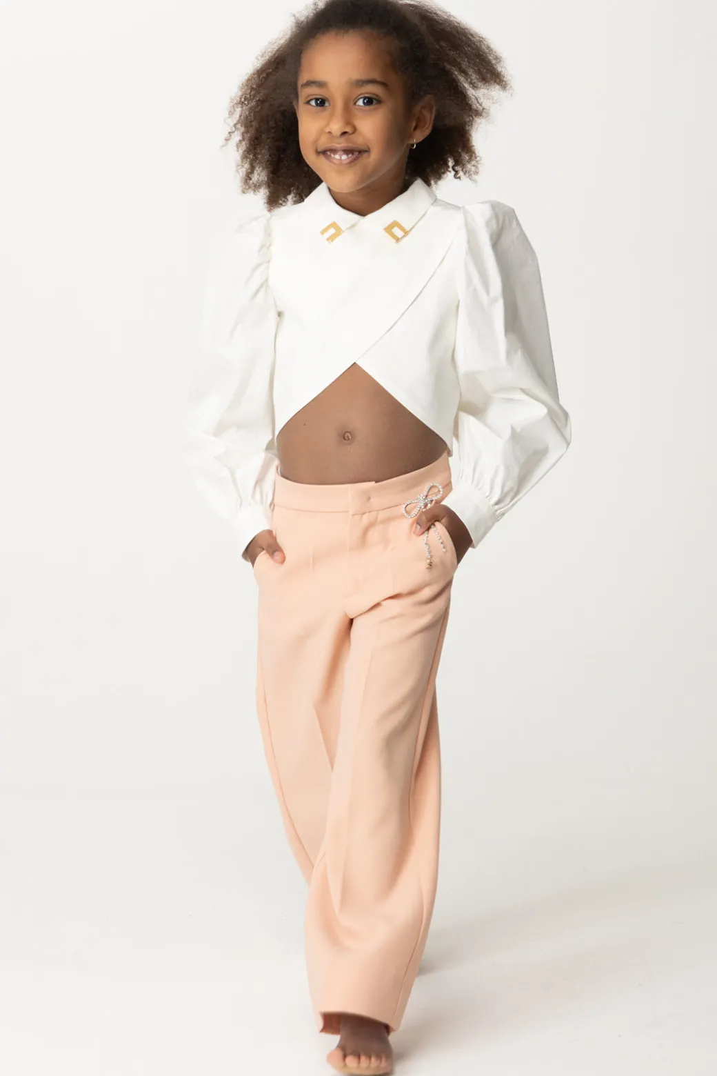 Elisabetta Franchi Bambina Camicia Cropped Ad Incrocio + Placche Panna Chiaro