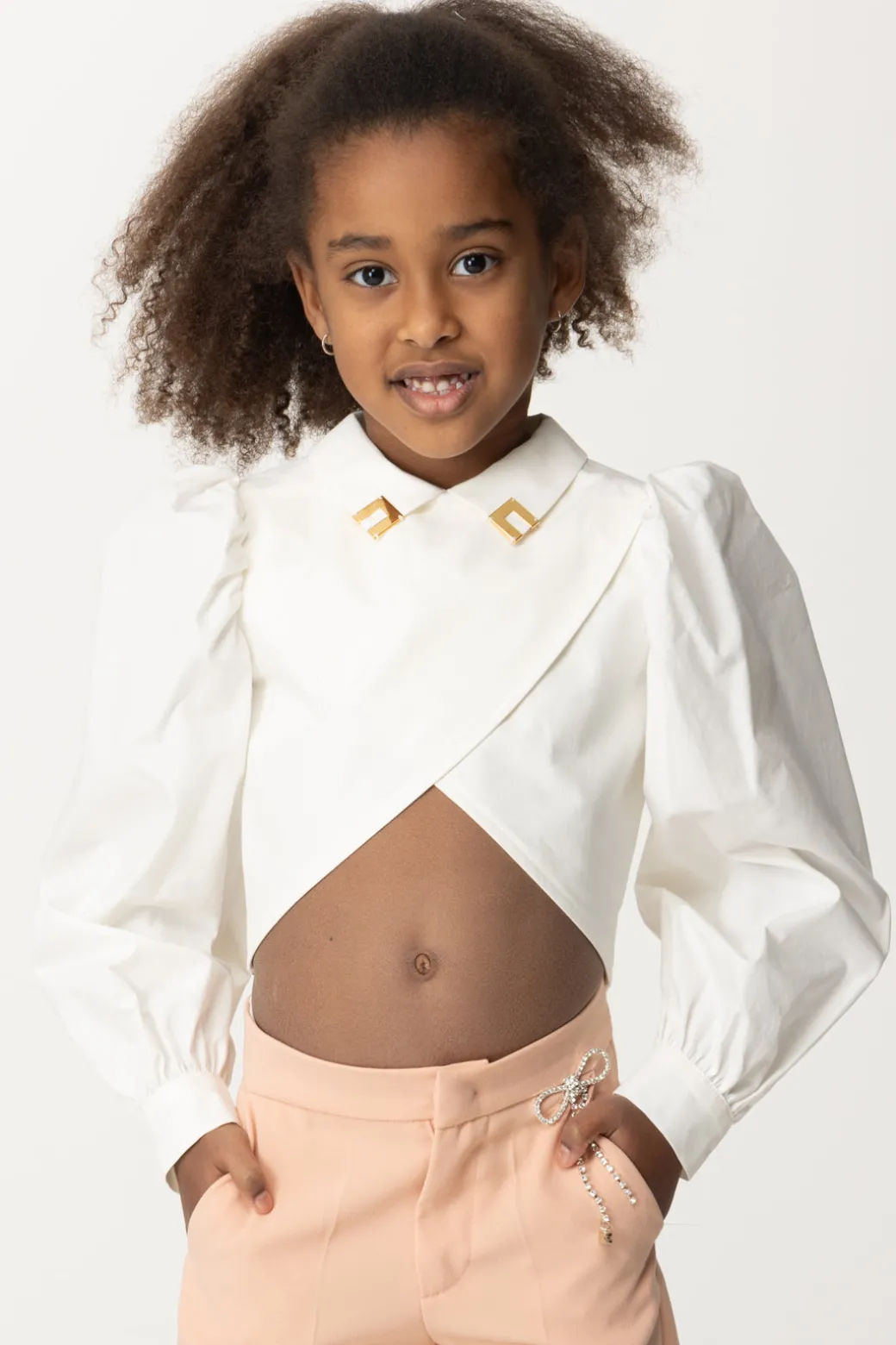Elisabetta Franchi Bambina Camicia Cropped Ad Incrocio + Placche Panna Chiaro
