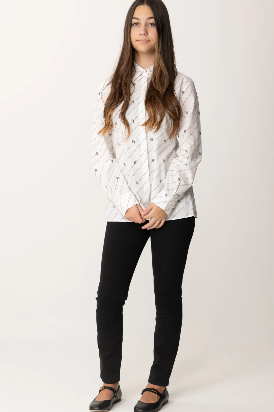 Elisabetta Franchi Bambina Camicia In Popeline con Stampa Righe e Logo