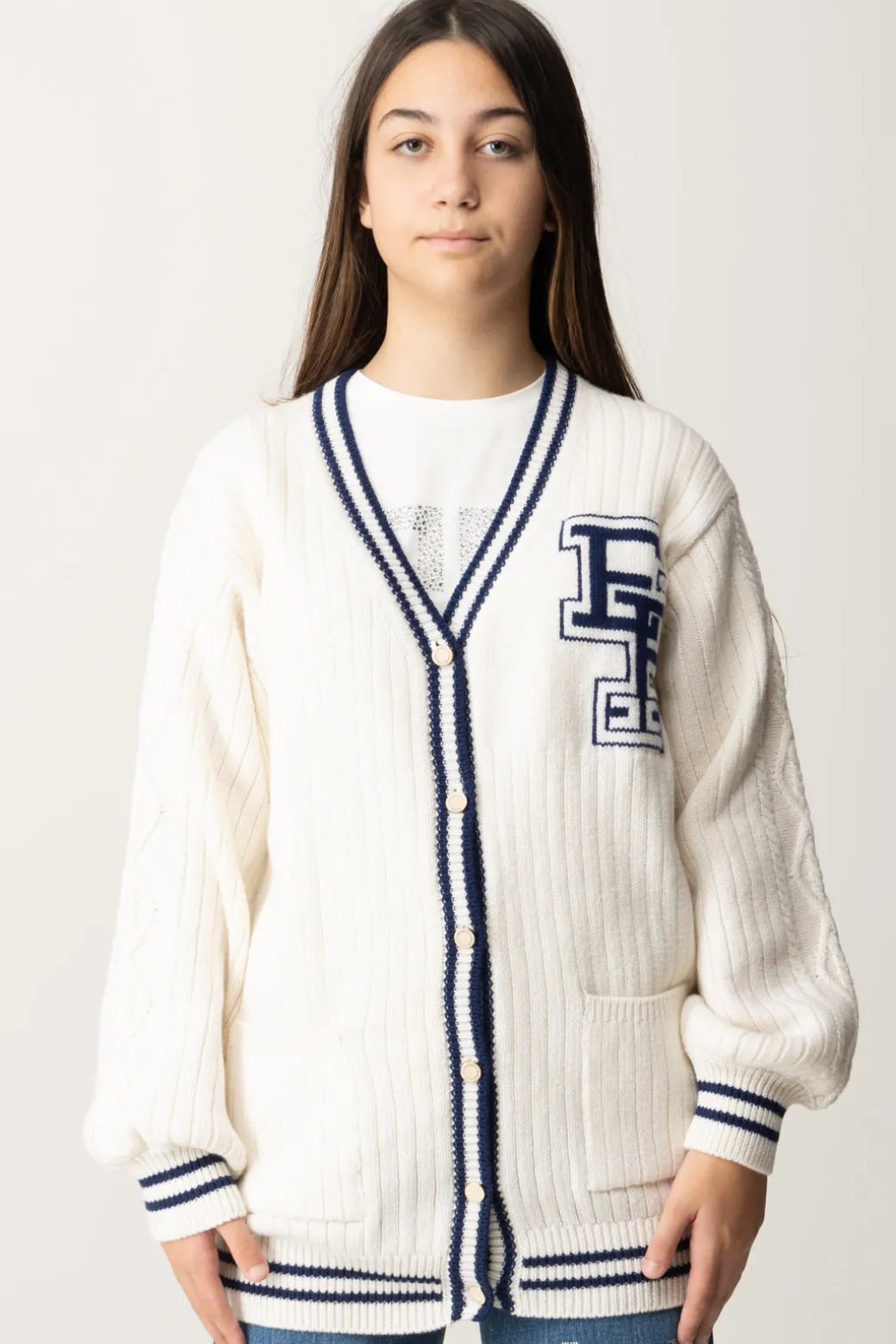 Elisabetta Franchi Bambina Cardigan In Lana Merinos con Ricamo Logo