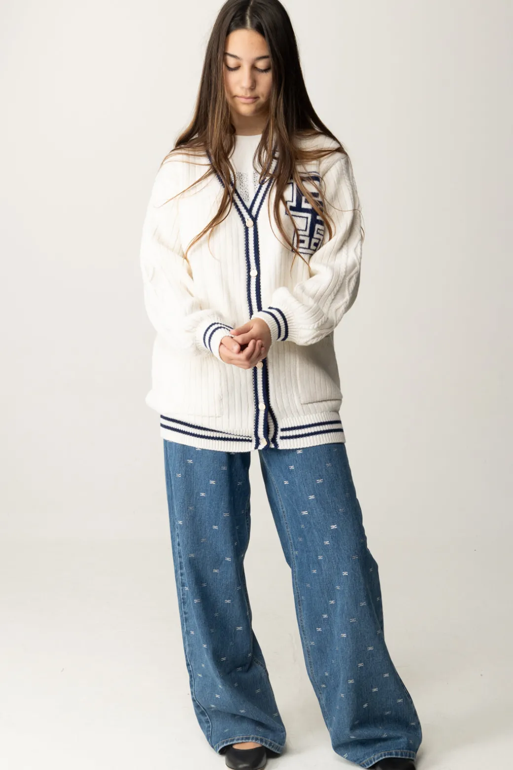Elisabetta Franchi Bambina Cardigan In Lana Merinos con Ricamo Logo