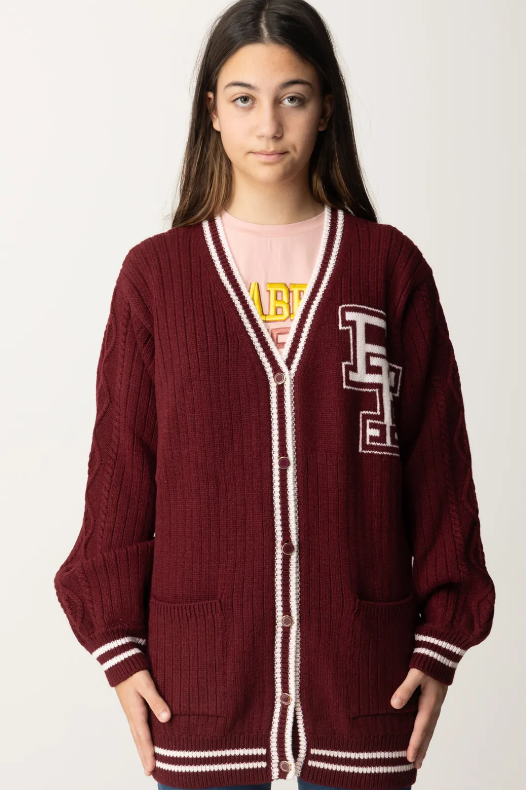 Elisabetta Franchi Bambina Cardigan In Lana Merinos con Ricamo Logo