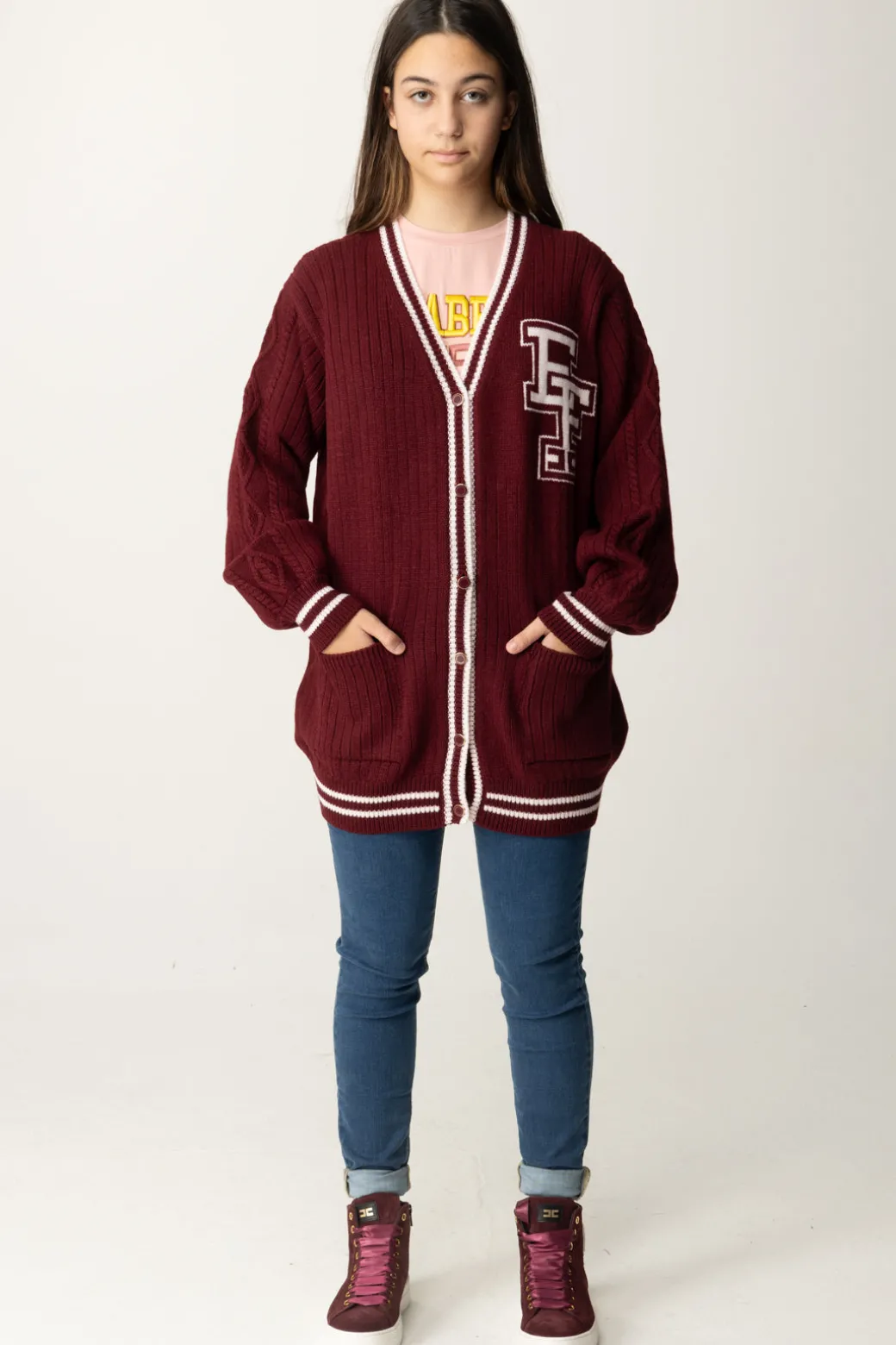 Elisabetta Franchi Bambina Cardigan In Lana Merinos con Ricamo Logo