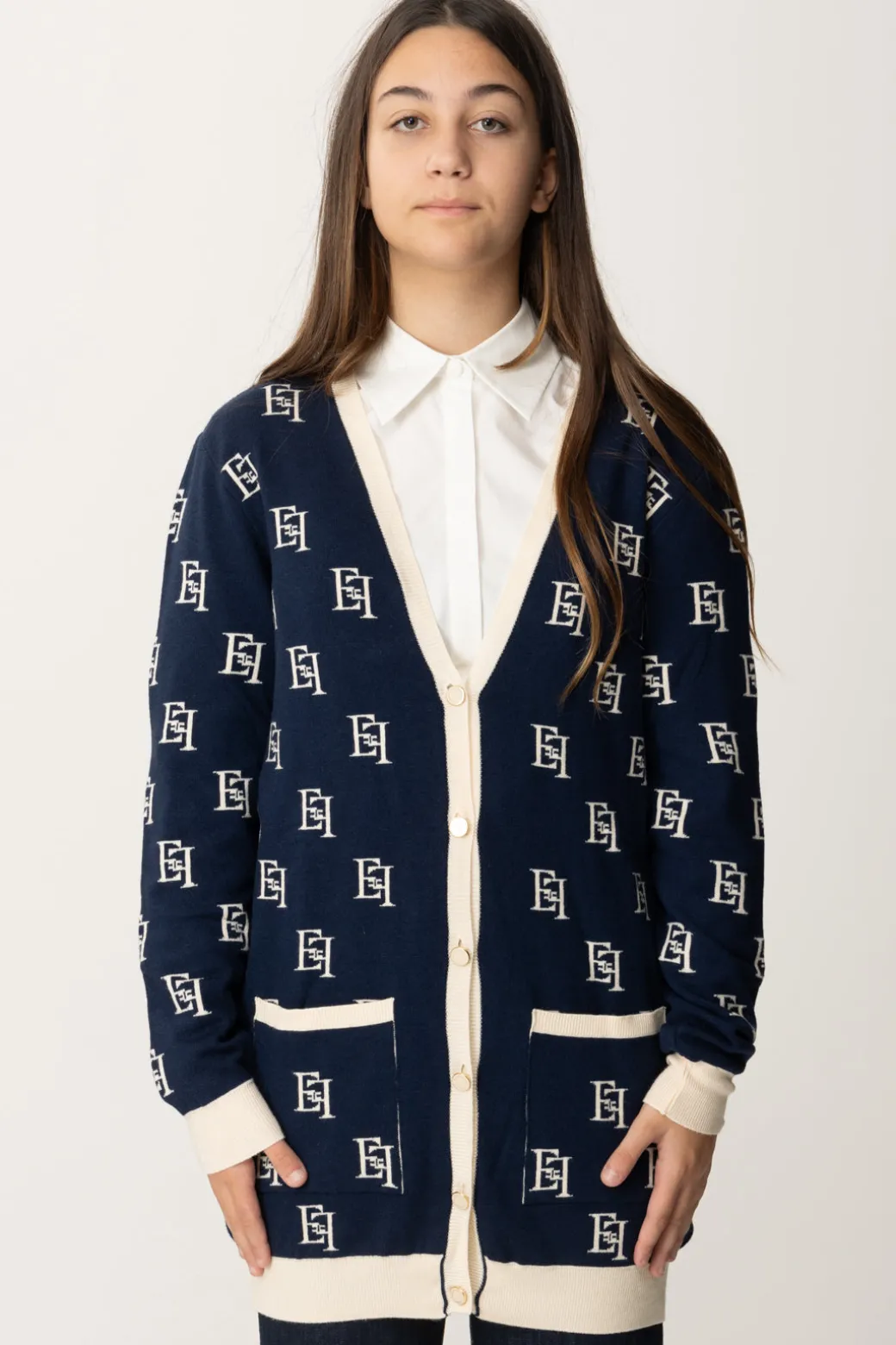 Elisabetta Franchi Bambina Cardigan Lungo con Pattern Logo