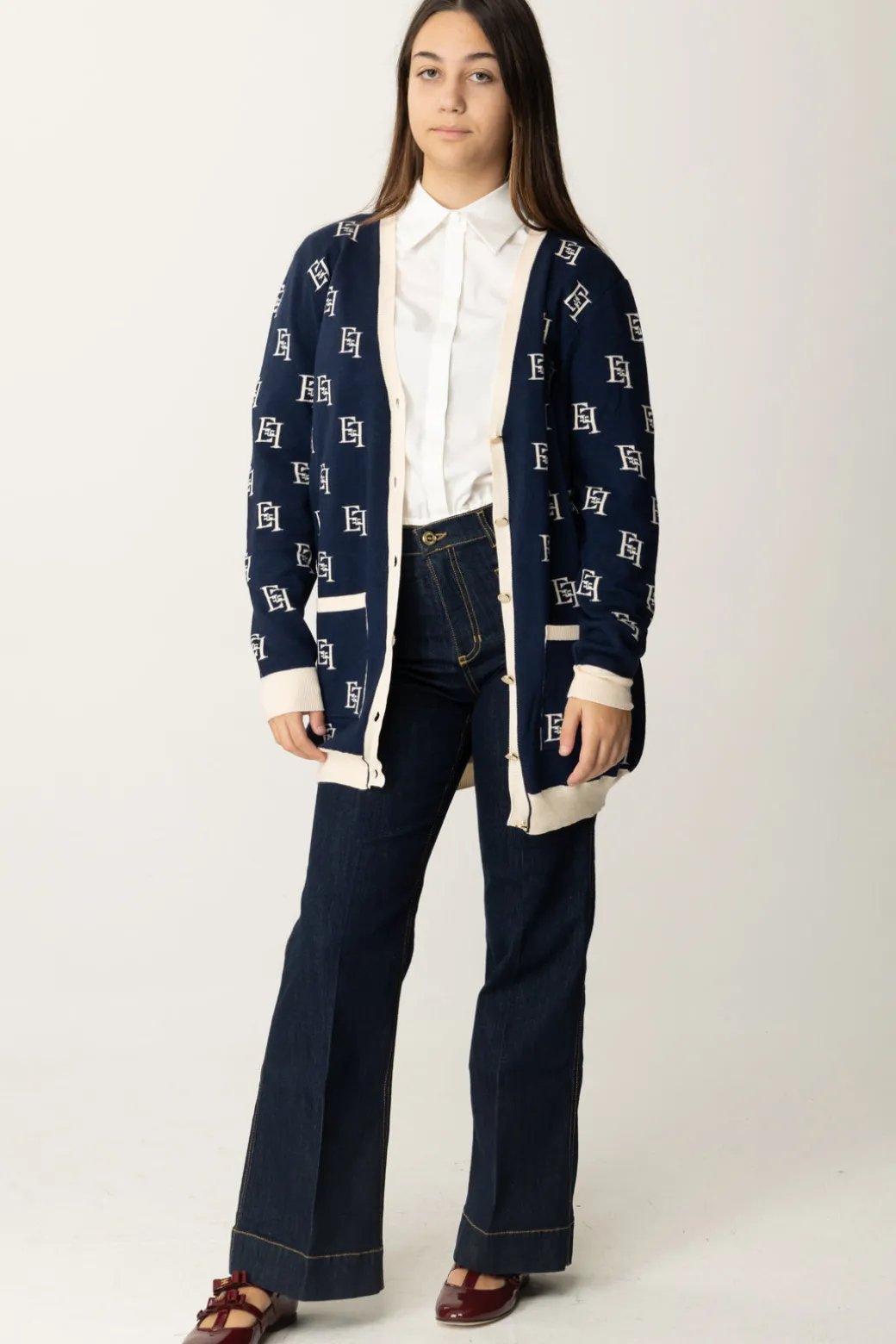 Elisabetta Franchi Bambina Cardigan Lungo con Pattern Logo