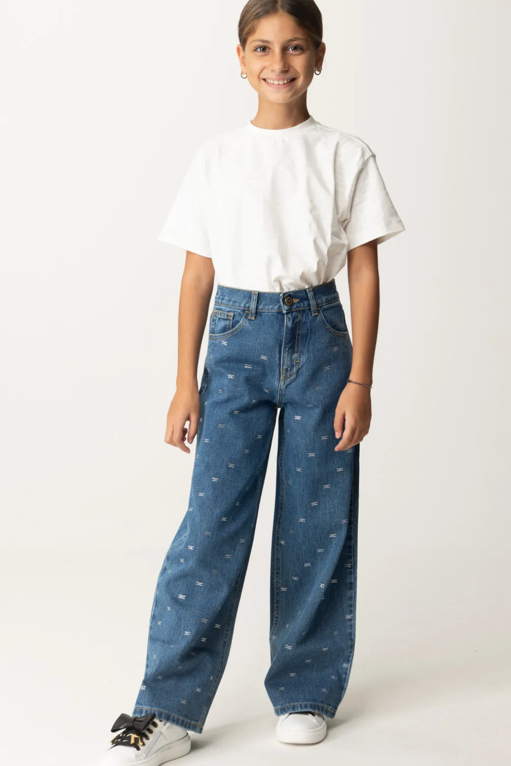 Elisabetta Franchi Bambina Jeans Wide Leg con Applicazione Strass Logo