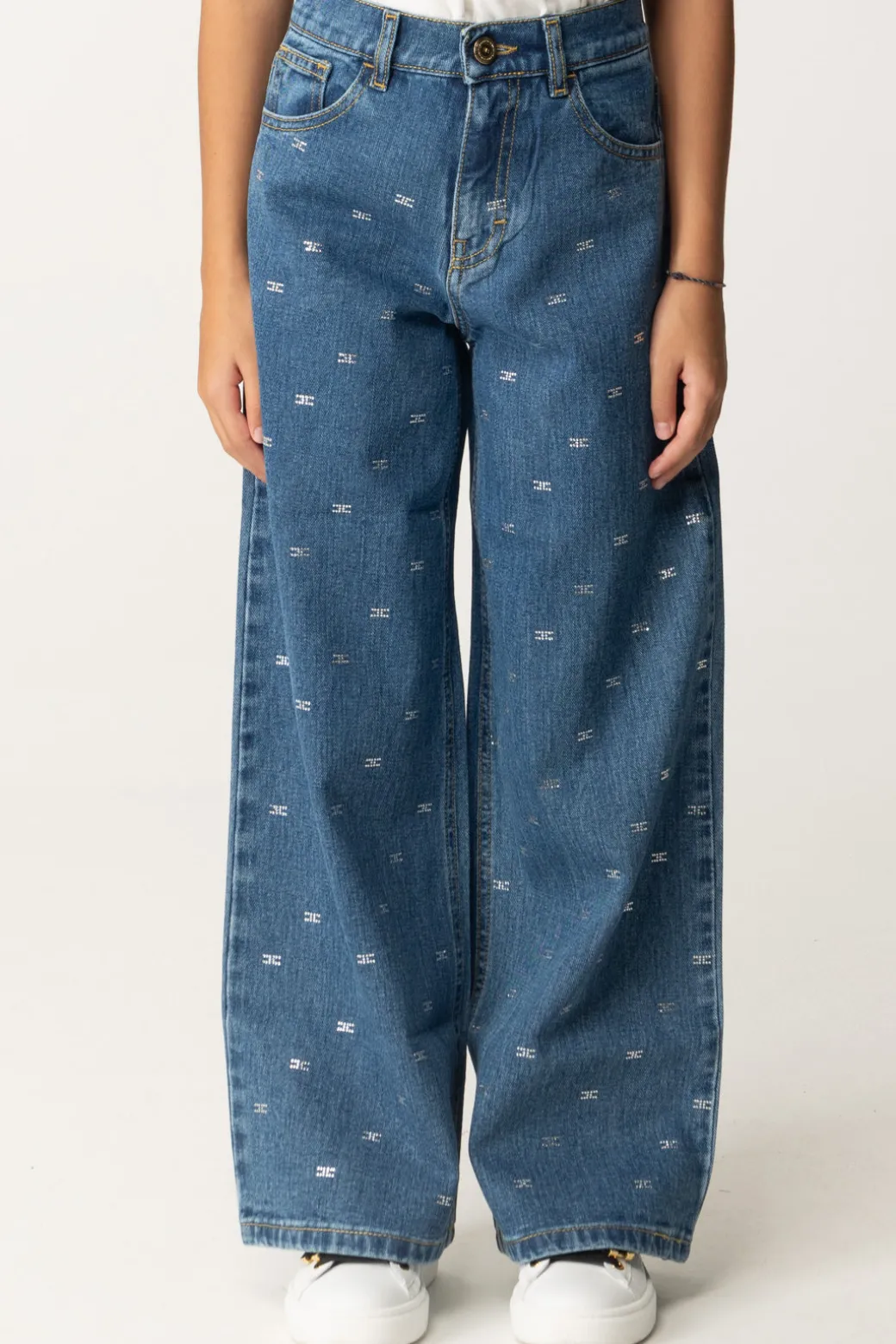 Elisabetta Franchi Bambina Jeans Wide Leg con Applicazione Strass Logo