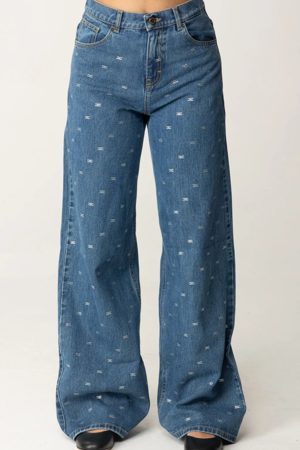 Elisabetta Franchi Bambina Jeans Wide Leg con Applicazione Strass Logo