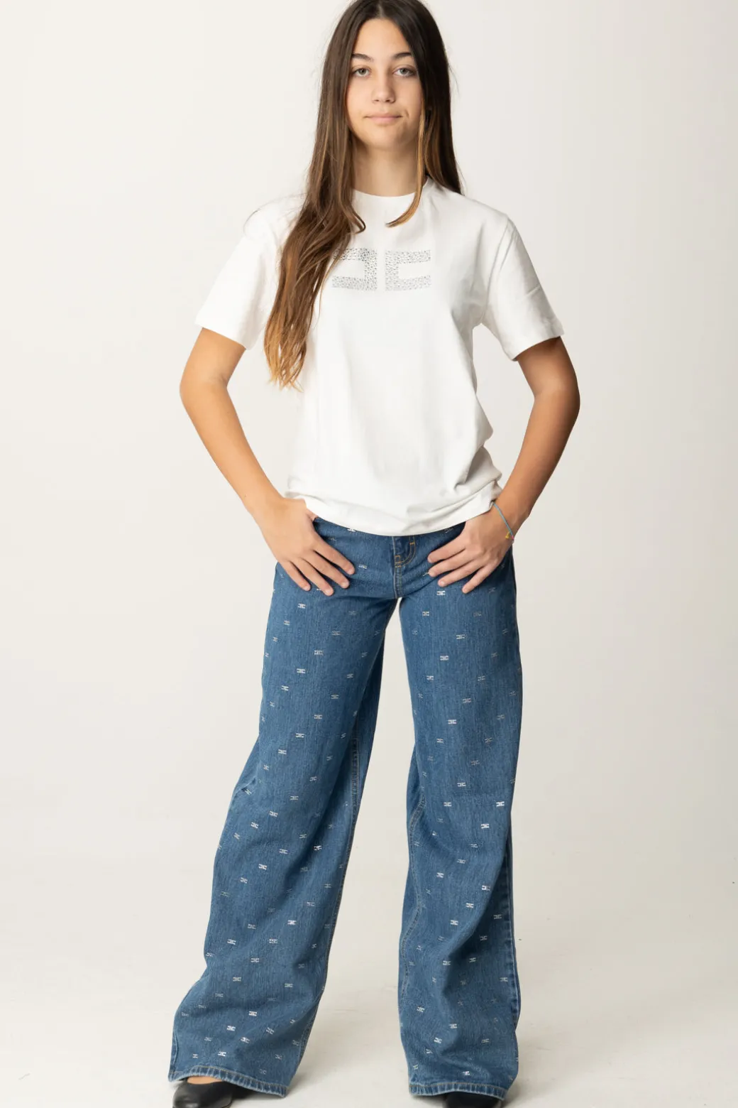 Elisabetta Franchi Bambina Jeans Wide Leg con Applicazione Strass Logo