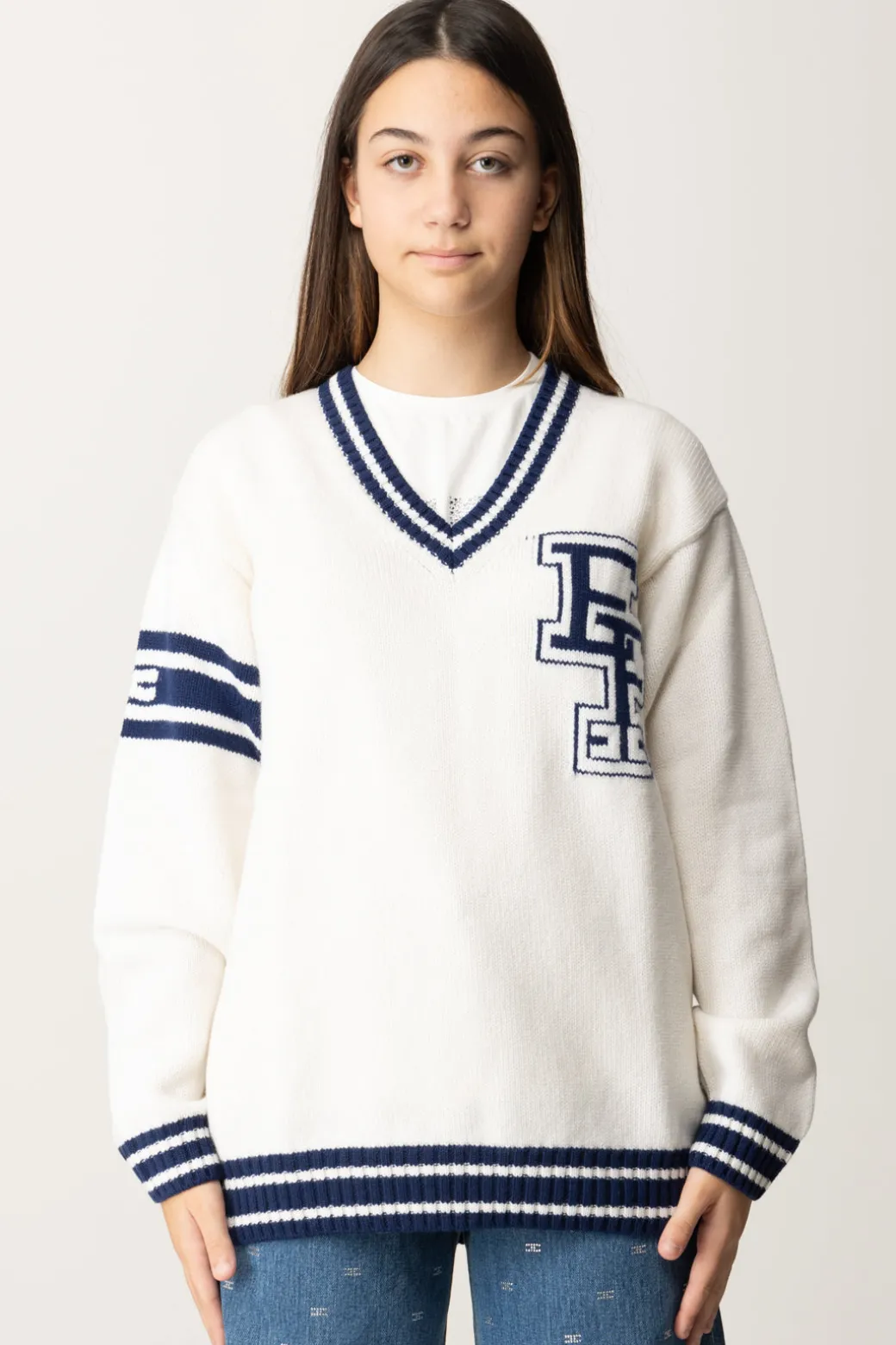 Elisabetta Franchi Bambina Maglione Scollo a V con Logo Ef