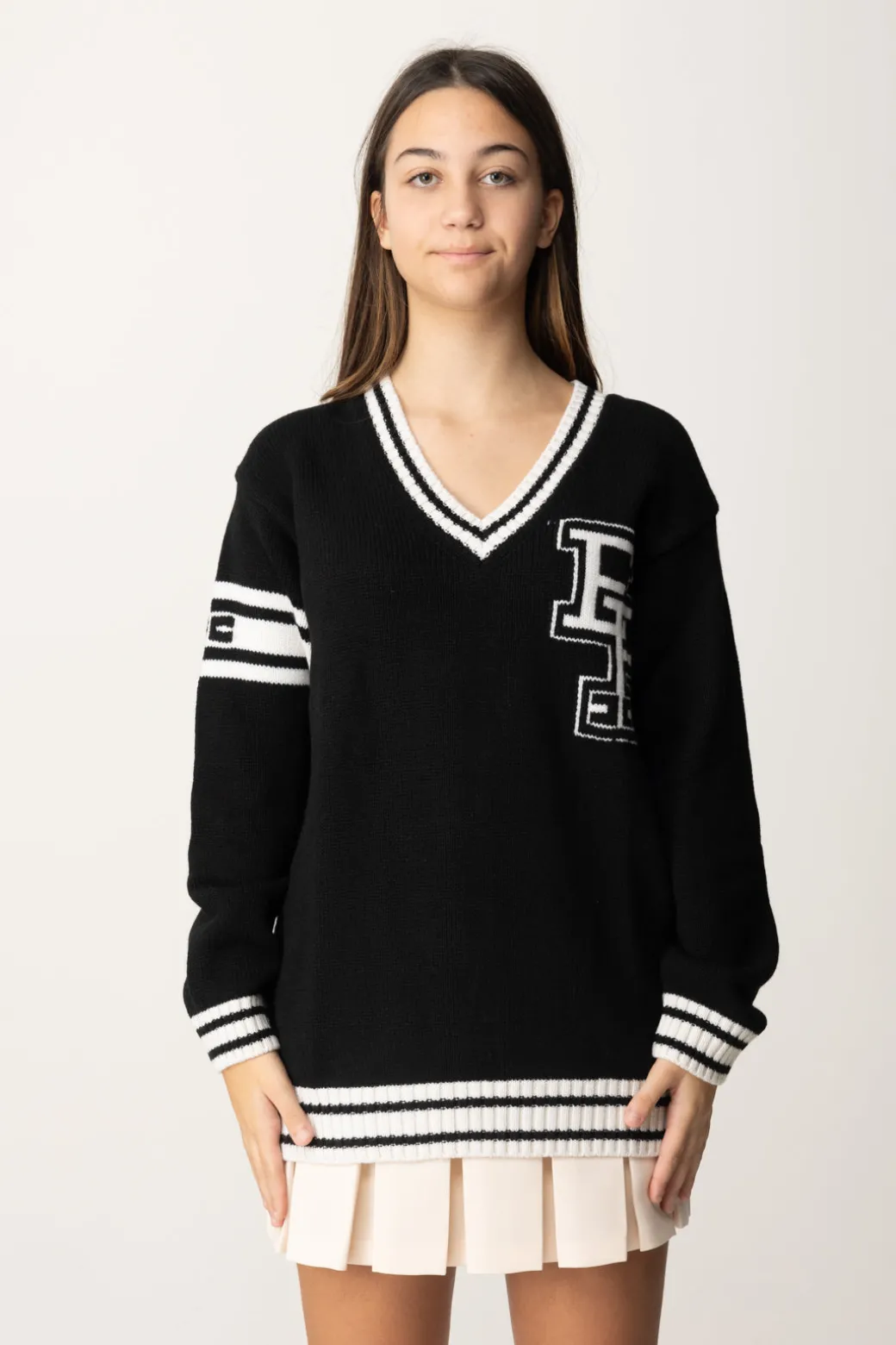 Elisabetta Franchi Bambina Maglione Scollo a V con Logo Ef