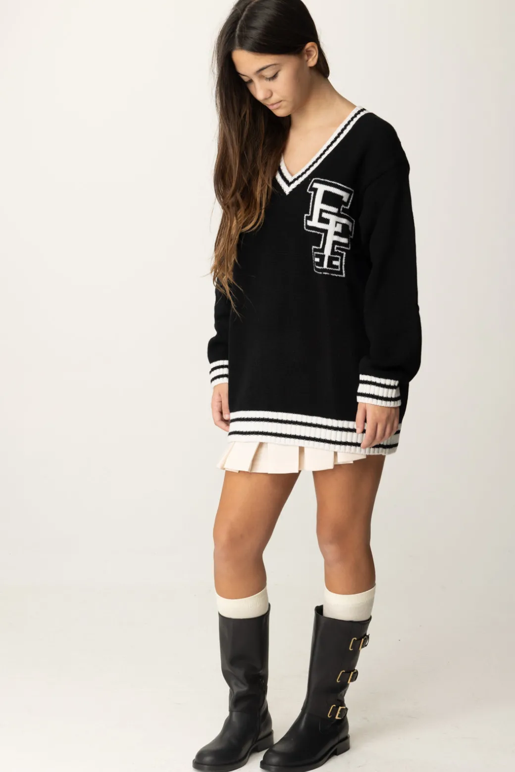 Elisabetta Franchi Bambina Maglione Scollo a V con Logo Ef
