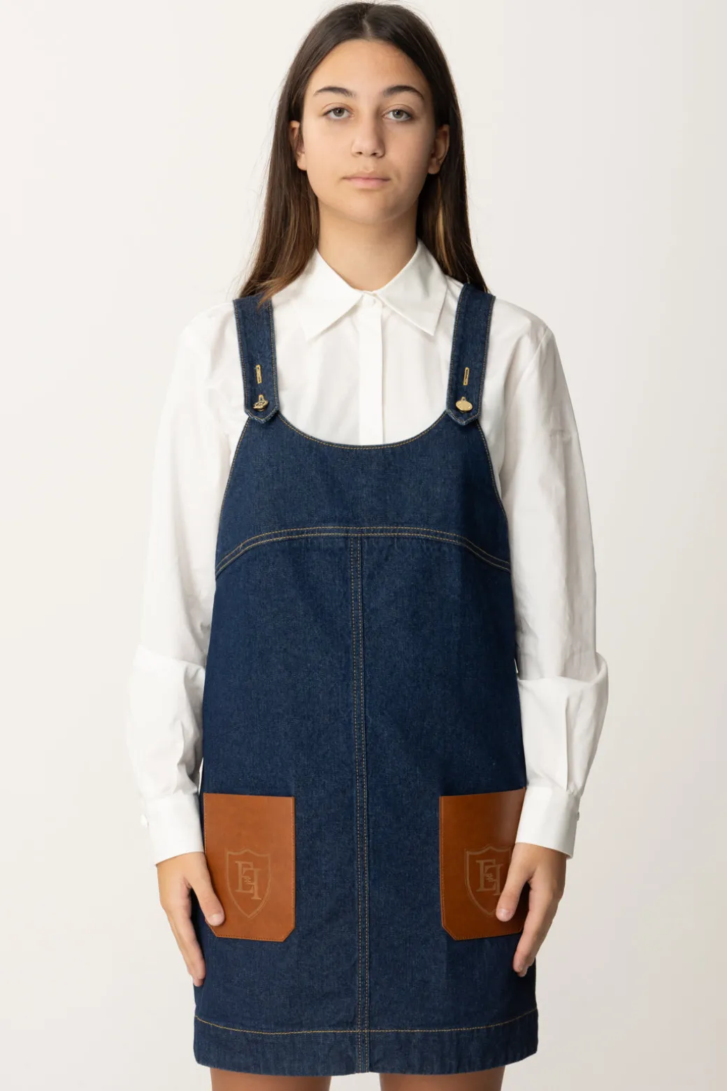 Elisabetta Franchi Bambina Salopette In Denim con Tasche In Ecopelle
