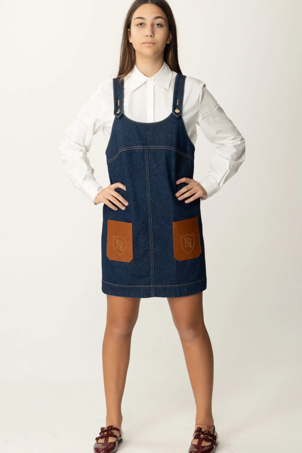 Elisabetta Franchi Bambina Salopette In Denim con Tasche In Ecopelle