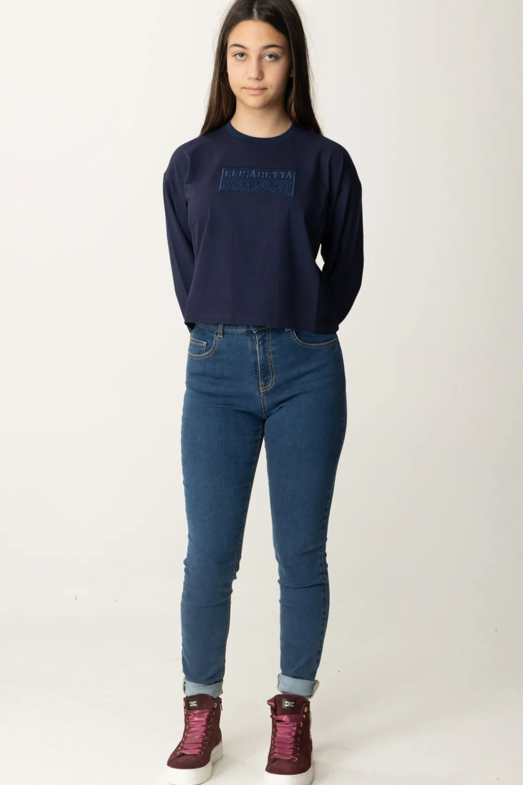 Elisabetta Franchi Bambina T-shirt Crop con Manica Lunga con Logo
