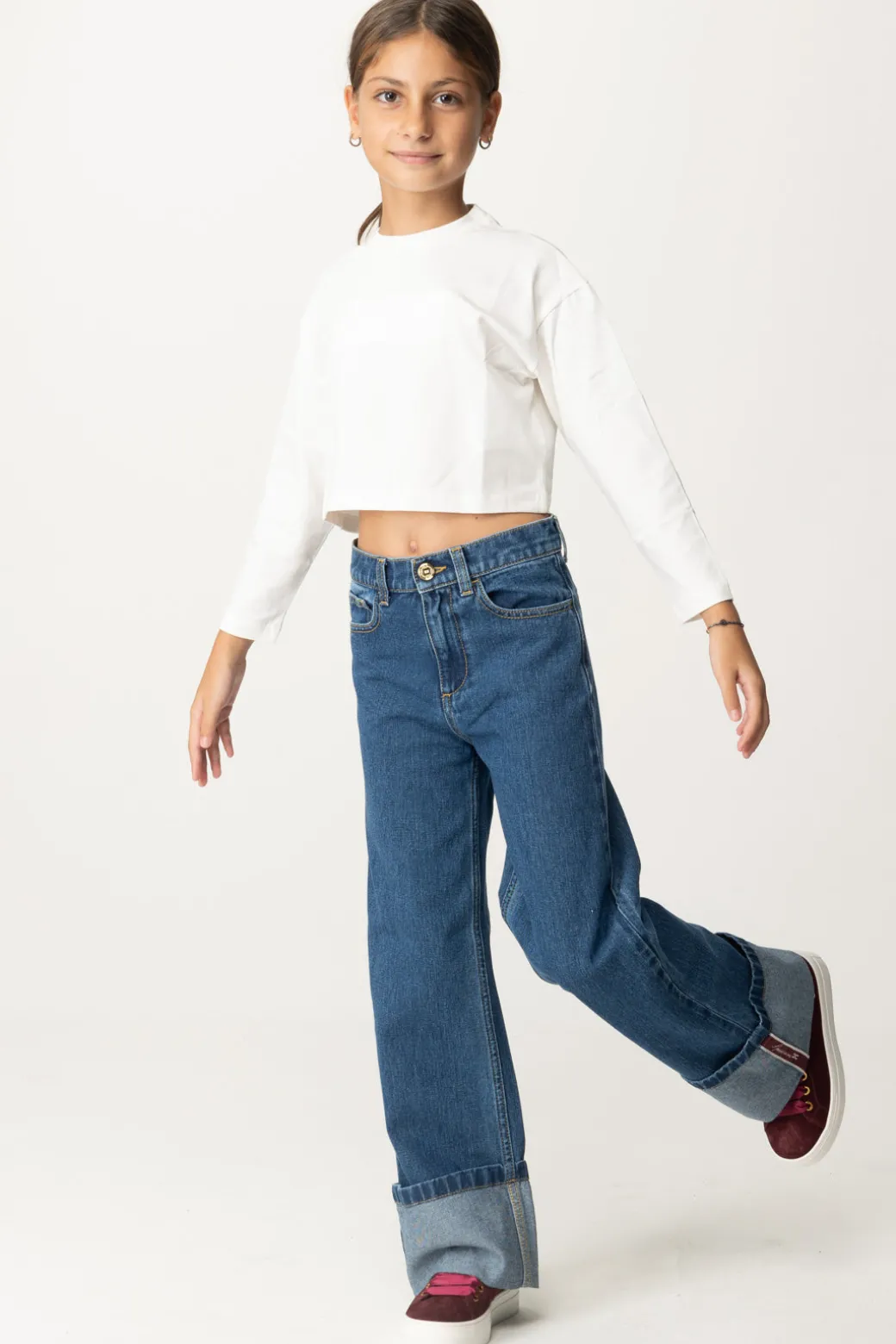 Elisabetta Franchi Bambina T-shirt Crop con Manica Lunga con Logo