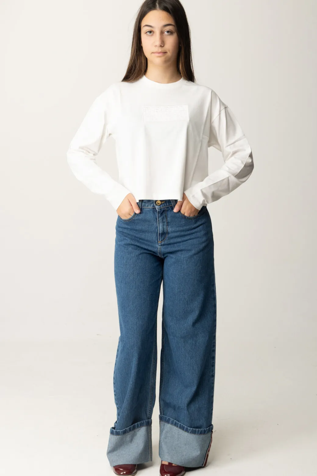Elisabetta Franchi Bambina T-shirt Crop con Manica Lunga con Logo