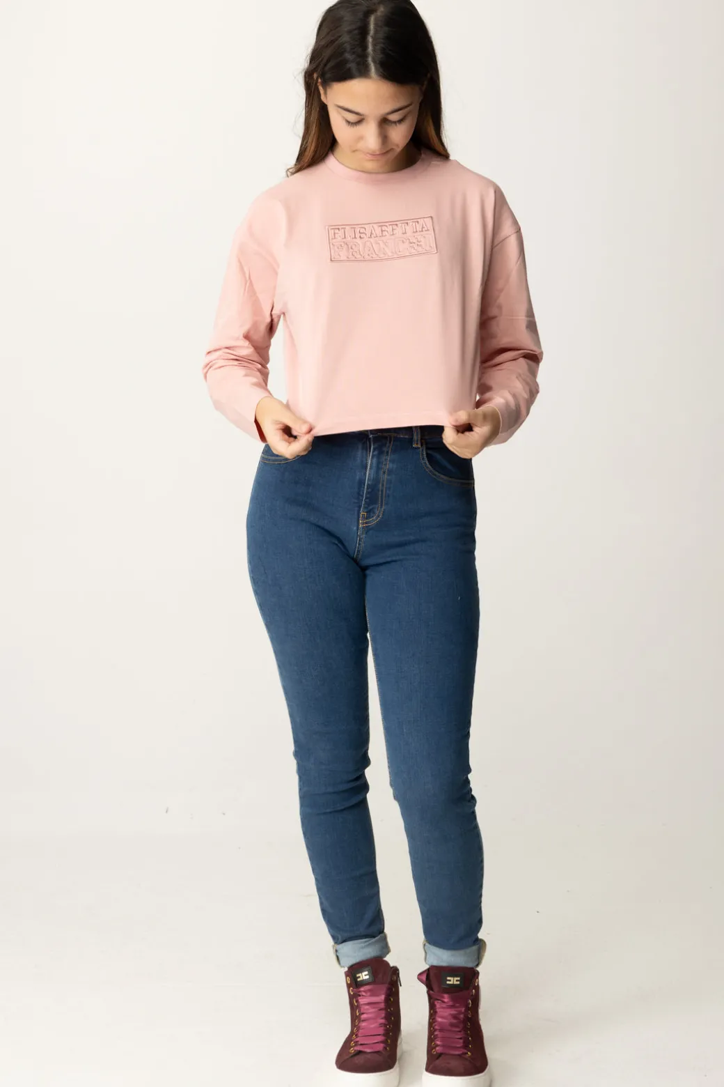 Elisabetta Franchi Bambina T-shirt Crop con Manica Lunga con Logo