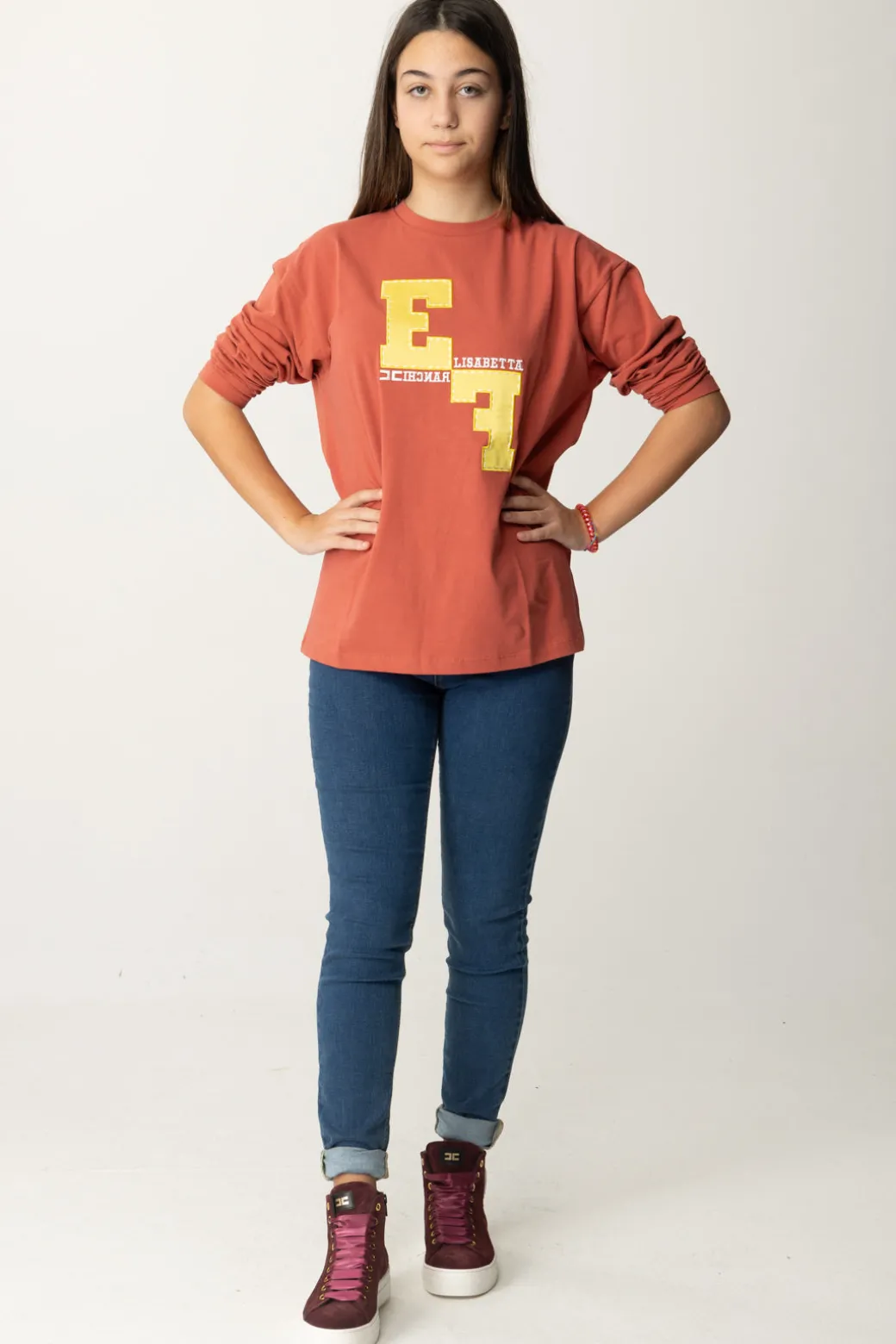 Elisabetta Franchi Bambina T-shirt Manica Lunga con Ricamo Logo