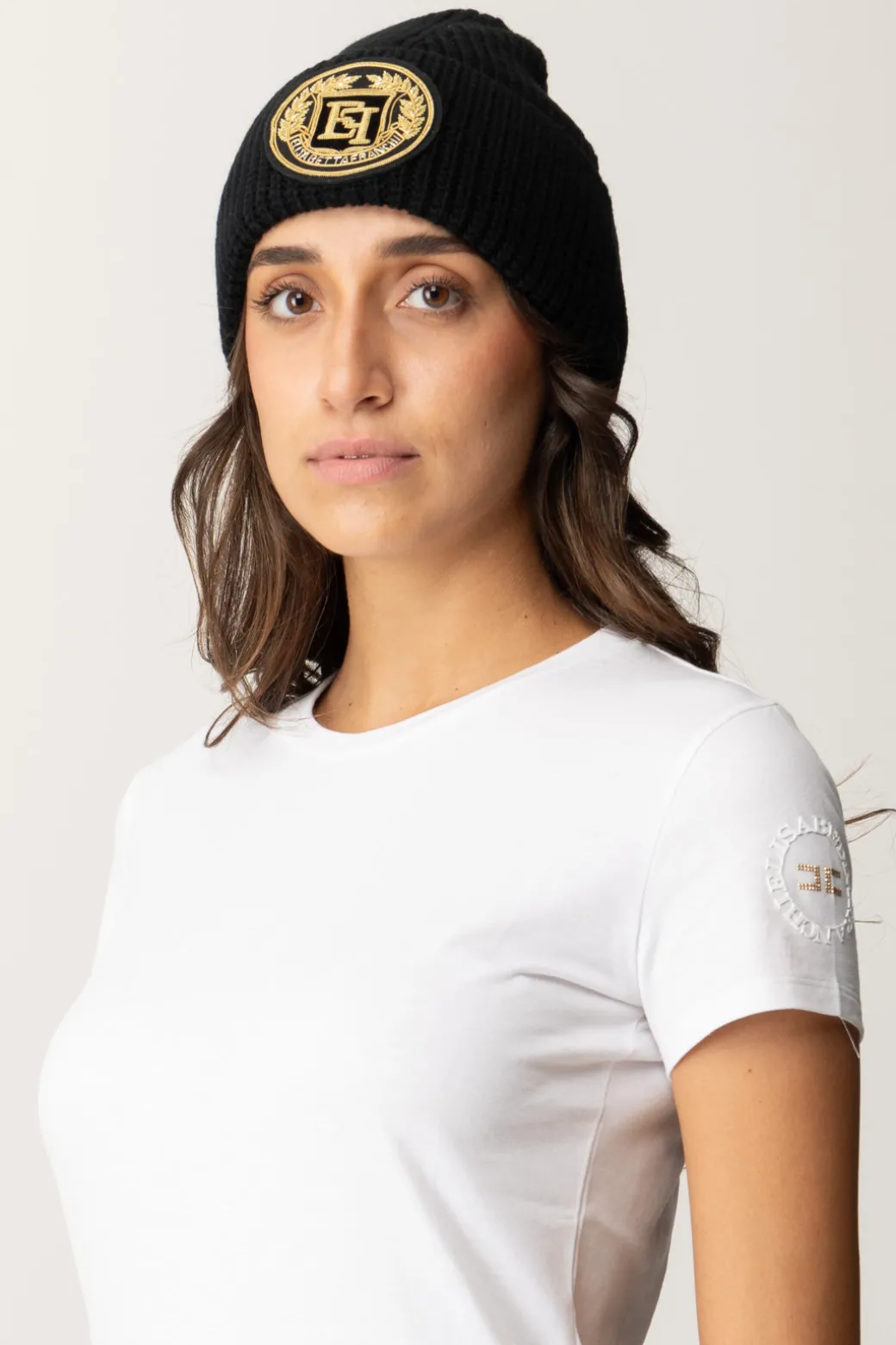 Donna Elisabetta Franchi Beanie In Lana con Patch Logo