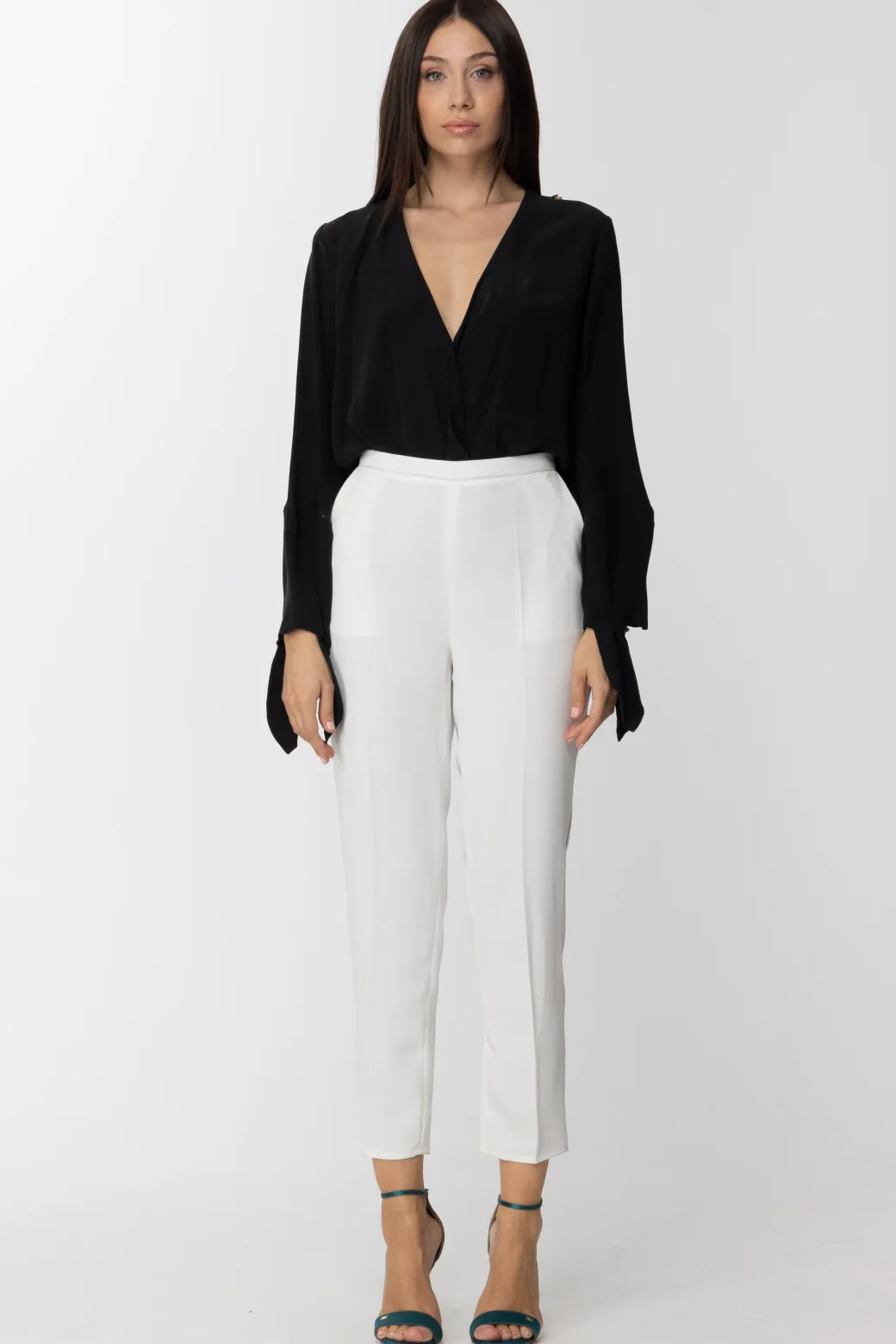 Donna Elisabetta Franchi Blusa con Scollo a Incrocio e Fiocchi Sui Polsi